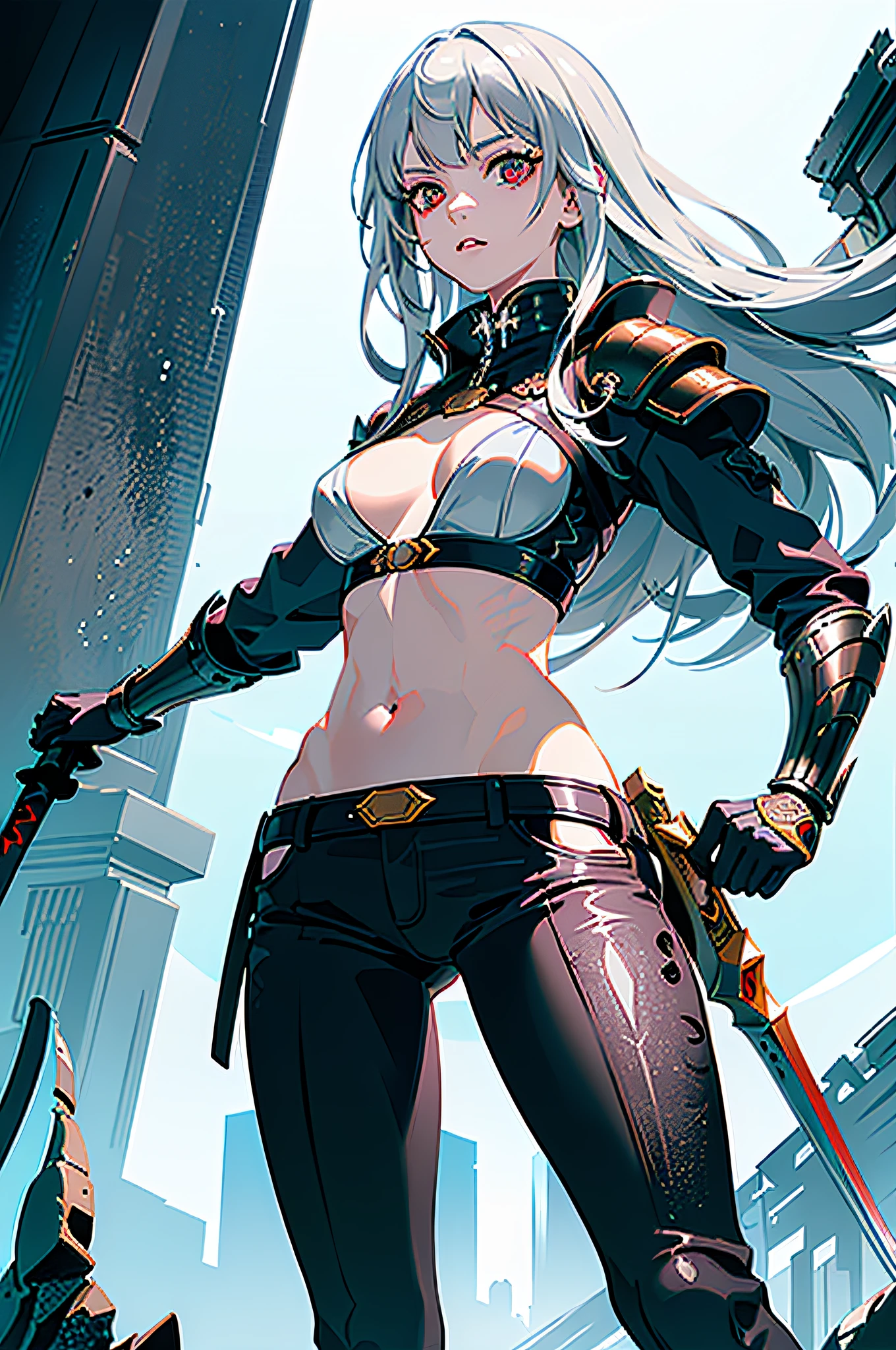 ((Masterpiece)), (((Best Quality))), ((Super Detail)), ((Illustration)), ((Semi-Real), (Reflection), Armor made of snakes, Sharp Focus, Front lighting, Intense shadows, (Beautiful Eyes of Detail), Eyelashes, (Very Delicate and Beautiful Girl), ((Red Eye)), Silver hair, (Jacket), (Pants), Long hair, (Wielding a sword), ((Detailed eyes)), (Cold Blood), Medium chest, shiny skin, belly button and lower breasts, cinematic lighting mask, ray tracing, depth of field, dynamic angle, viewer view, ((epic background)), (face blood 1.2), (difficulty 1.4)