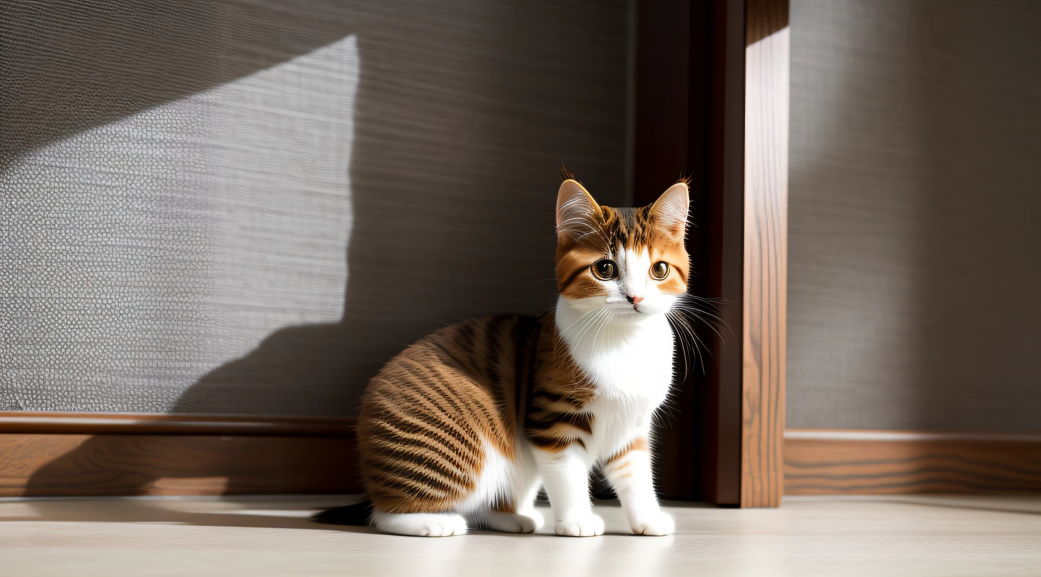 there is a cat sitting on the floor in front of a door, a cute cat, cute cat, cute cat photo, photo of a cat, an adorable kitten, shot with sony alpha 1 camera, taken with sony a7r camera, cute kitten, cat female with a whit and chest, taken with sony alpha 9, captured on canon eos r 6, cat photo