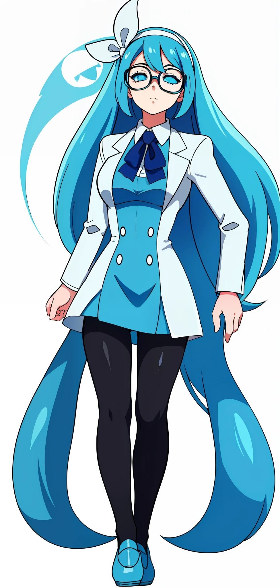 [minus8 Pacman ghost; Inky], ((High definition)), ((detailed shading)), ((beautiful solo portrait)), ((full body)), {attractive office woman, (pacman ghost; inky), (simple long straight cyan hair; white headband), (blue eyes; white sclera), (expressionless; half closed eyes), slim square glasses, simple cloth cyan dress, simple pale blue jacket, blue pantyhose, cyan blue loafers}, (plain white background)