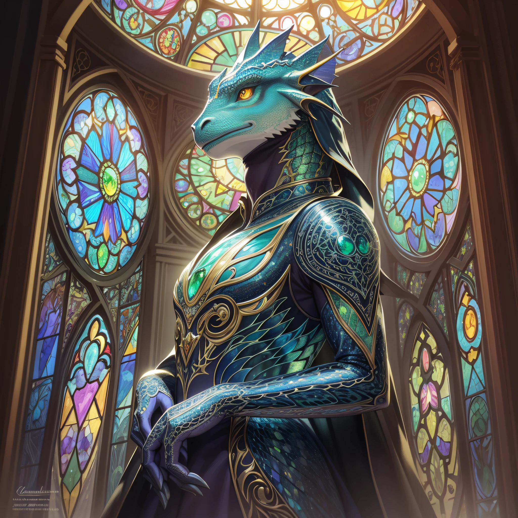luminism, a highly detailed medieval gothic stained glass, a close up detailed iridescent dragon animal creature, detailed glass scales, flowery frame ,emerald lights, amber, gemstones, labradorites, swirling glass, , ,, filigree, highly detailed, intricated fantasy, Andy Kehoe, Van Gogh, James Jean, Craola, elegant detailed detailed oil painting, photorealistic digital art, vibrant colors, sunlight, sunbeams,