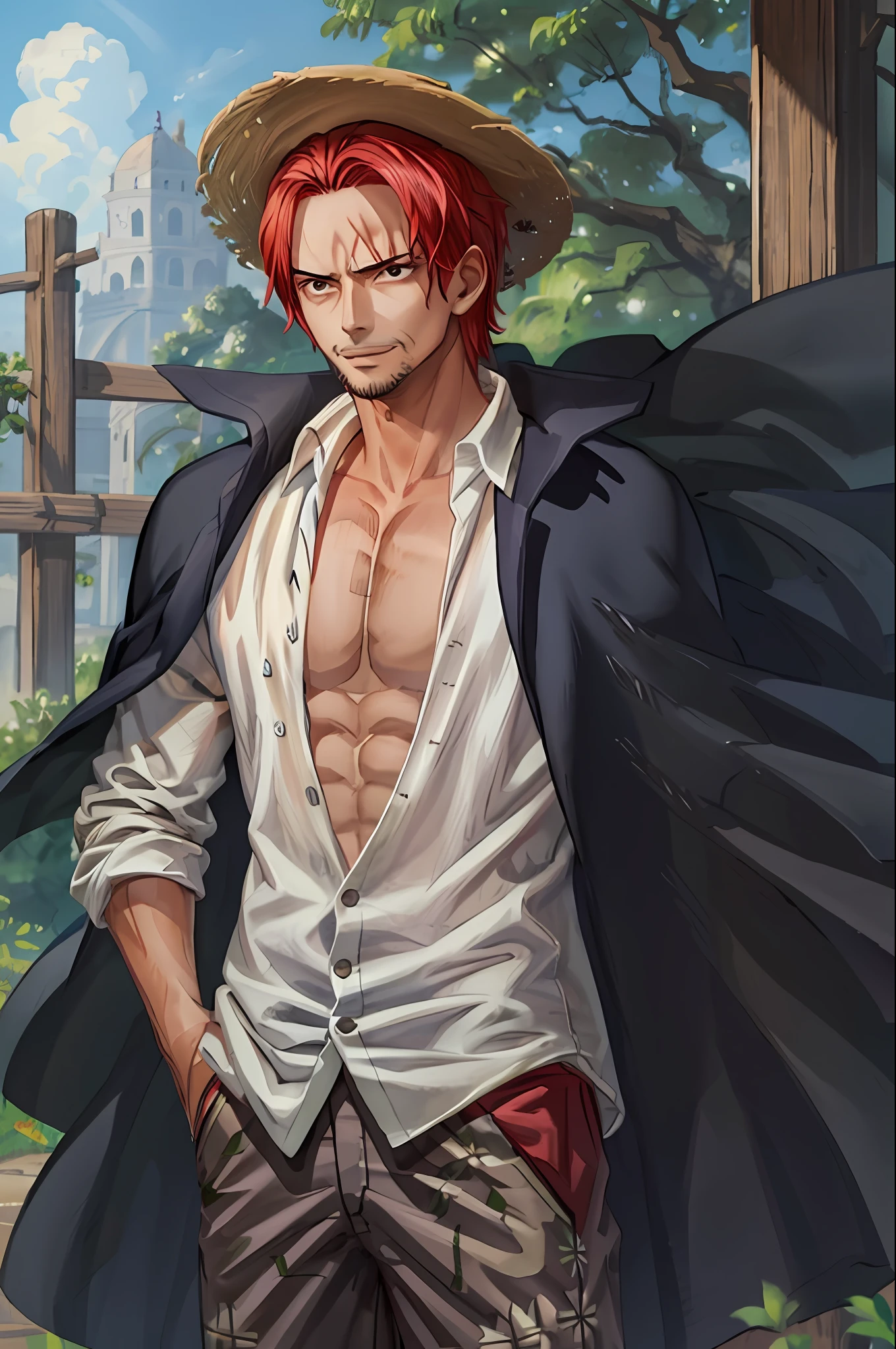 (masterpiece, best quality),  intricate details,
 1boy, man, red hair, straw hat, Shnks, shanks \(one piece\),  scar on face, short hair, shirt,  white shirt, male focus, open clothes, collared shirt, pants, cape, coat, open shirt, facial hair, scar, sandals,  pectorals, partially unbuttoned, pectoral cleavage, coat on shoulders, nature, scenery, upper body, straw hat,