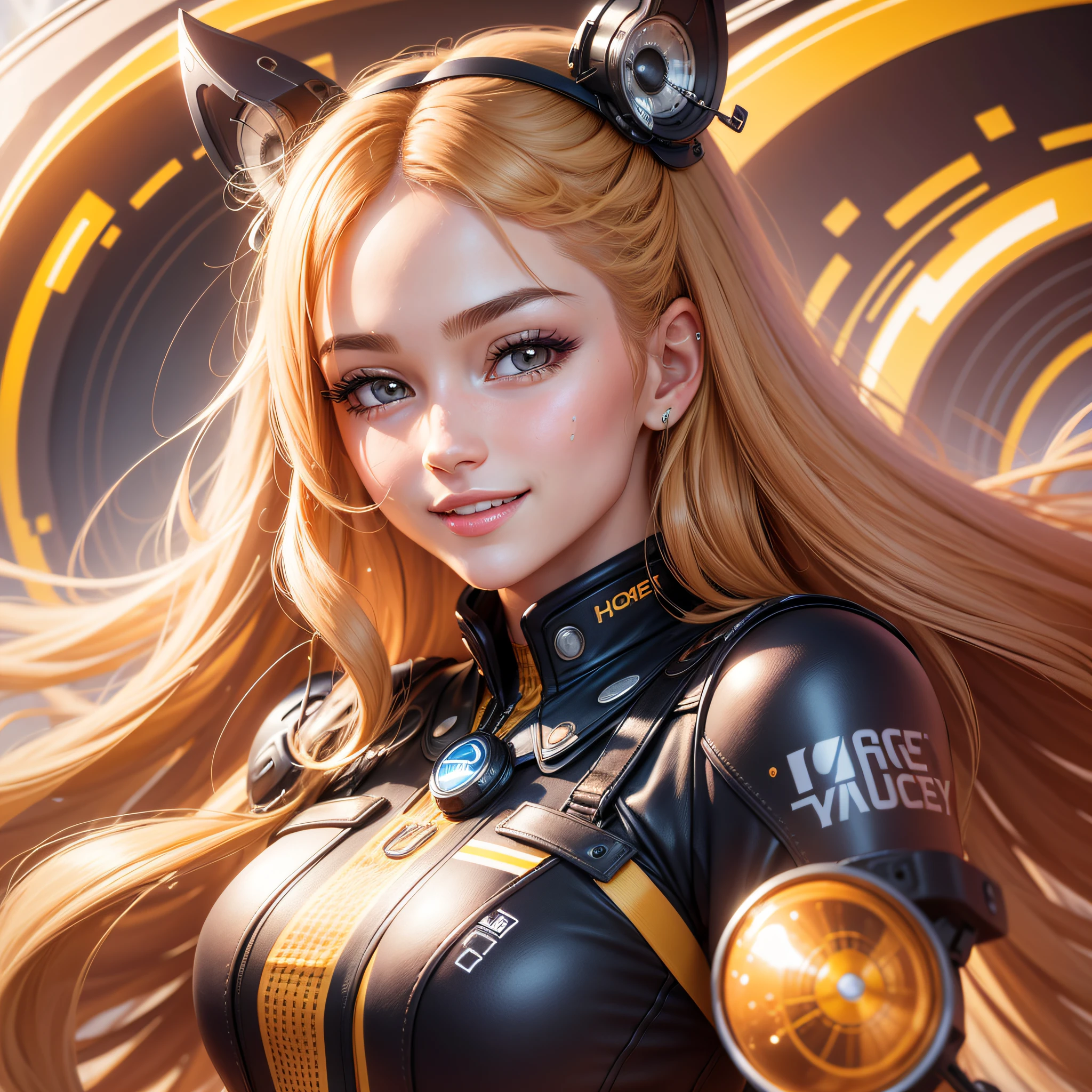 logo, corporate icon: honey cool, cute girl, super detailed, super high resolution, long hair, cute facial features, delicate facial features, cute face, long eyelashes, smile, sideways, looking at the audience, the background is gorgeous, the background has a sense of futurism, there is a sense of technology, and the accessories are fashionable
