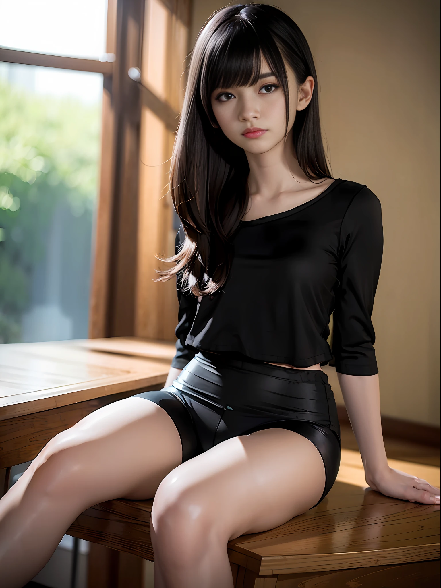 masterpiece, masterpiece, best quality, best quality, real, unity, 8k wallpaper, official art, highly detailed CG Unity 8k wallpaper, ulzzang-6500, (Original: 1.2), (Real: 1.4), mix4, (8k, RAW photo, best quality, masterpiece: 1.27), simple costume, ((Black spandex shorts:1.37)) Skirt, shorts Under Skirt, Live Girl, (Realistic, Photorealistic: 1.37), Photon Mapping, Radiosity, One Girl, Mature, Cool, Professional Lighting, Physically Based Rendering, Sitting in a Chair, Overhead View, Hair fluttering in the Wind, Blurring Background, Handsome, Masterpiece, Best Quality, High Resolution, Best Quality Photo, High Resolution, 1080p, (Delicate Skin), ( Clear Face), (Detailed Face Description), (Detailed Hand Description), (Masterpiece), (Elaborate CG), (Detailed Facial Features), (Top Quality Photos), (Masterpiece), (Detailed Eyes)