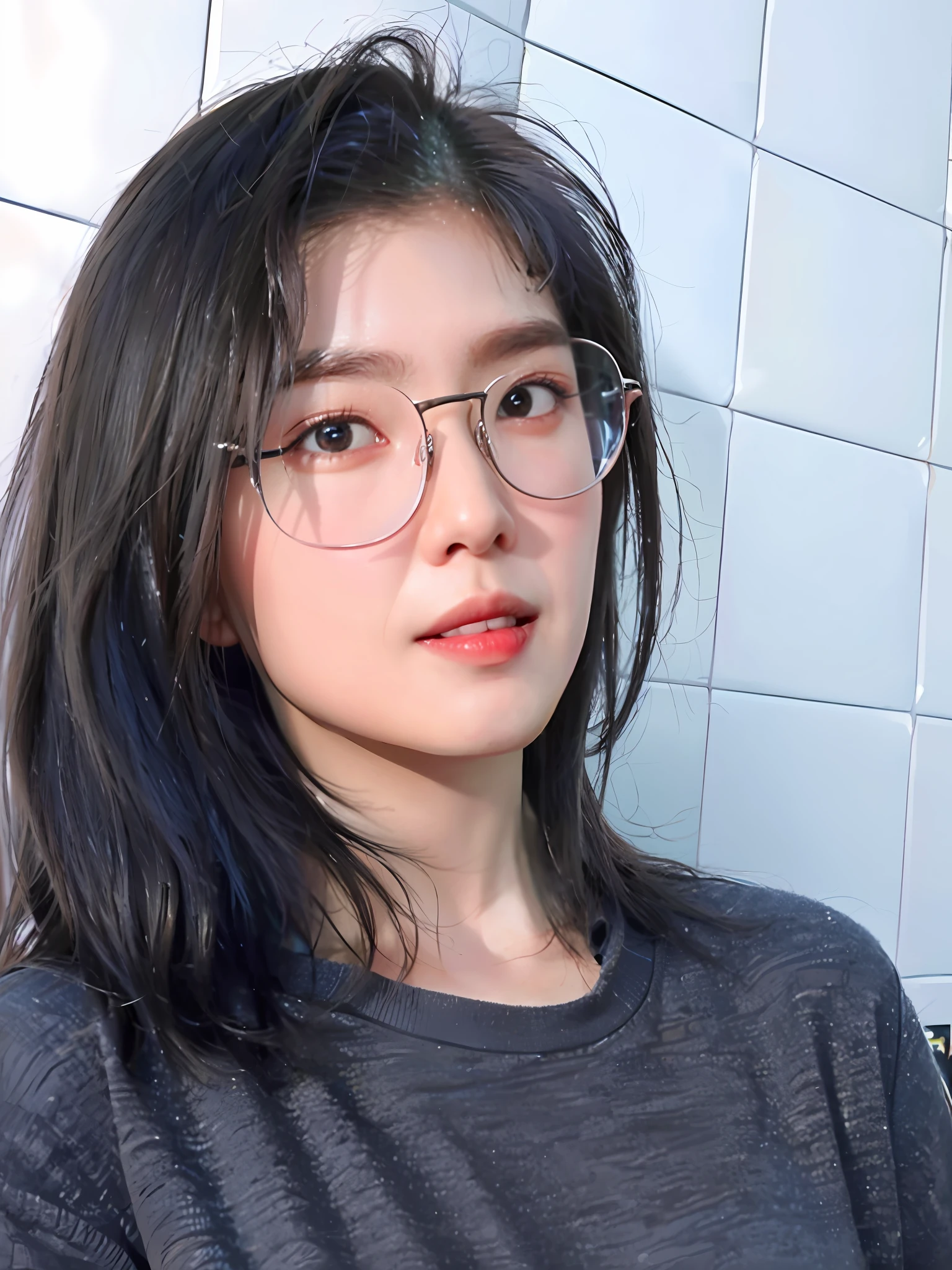 a close up of a woman wearing glasses and a gray shirt, wearing thin large round glasses, with glasses, wearing small round glasses, 19-year-old girl, with square glasses, girl wearing round glasses, korean girl, big round glasses, girl with glasses, xintong chen, wearing round glasses, spectacled, 8k selfie photograph, round glasses, extra