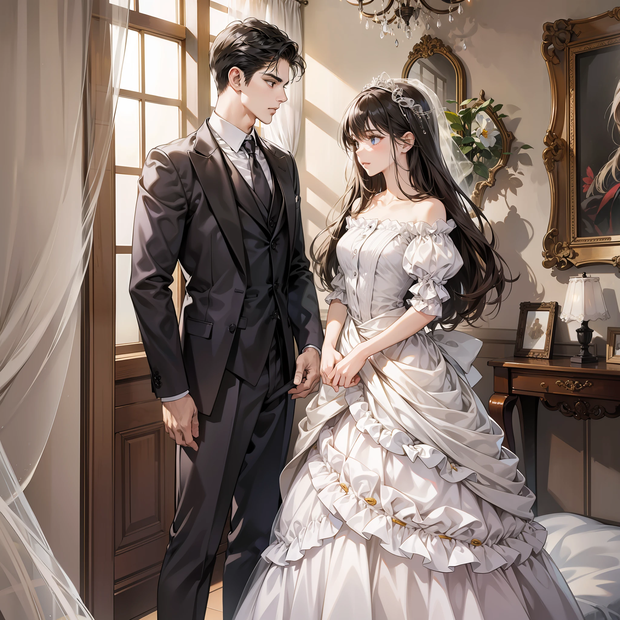 In the room, a man stood with a woman in a white dress
