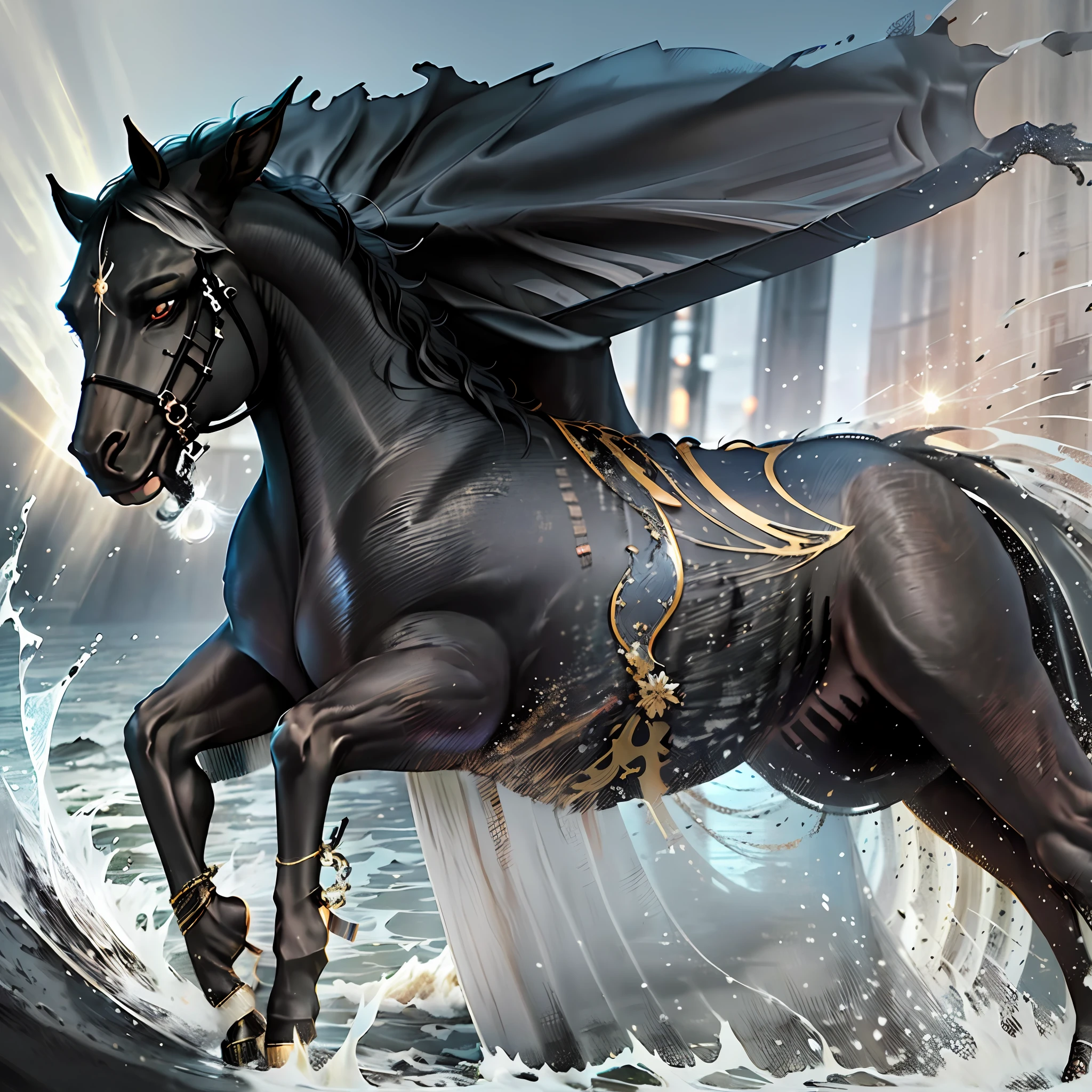 Black stallion emanating strength and elegance in its majestic appearance. Their coat is as black as the deepest night, shining softly in the sunlight. His imposing bearing displays powerful and athletic muscles, perfectly sculpted, revealing his dexterity and agility. Its long, arched neck stretches out with grace, while its noble head sports intense, intelligent eyes. --auto --s2