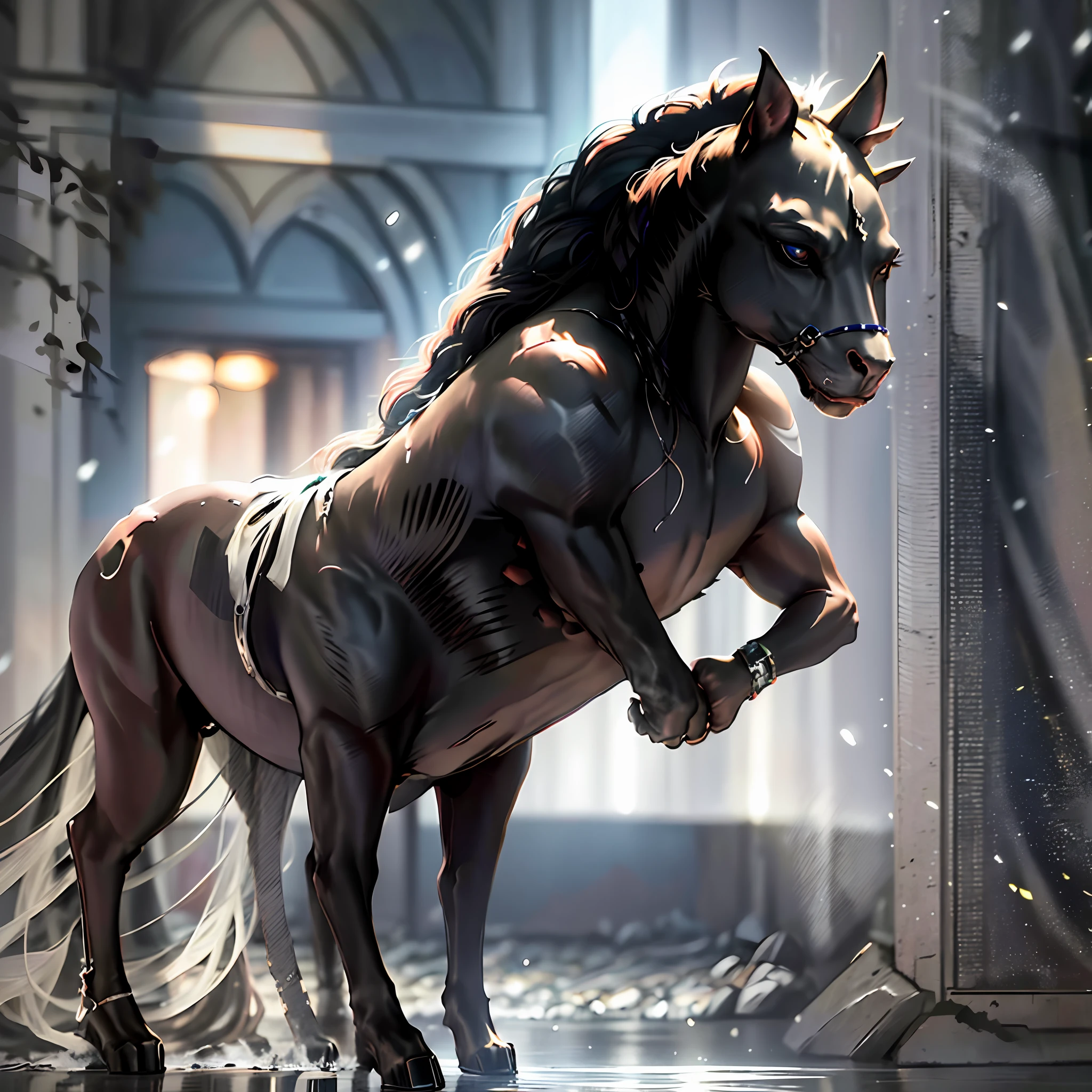 Black stallion emanating strength and elegance in its majestic appearance. Their coat is as black as the deepest night, shining softly in the sunlight. His imposing bearing displays powerful and athletic muscles, perfectly sculpted, revealing his dexterity and agility. Its long, arched neck stretches out with grace, while its noble head sports intense, intelligent eyes. --auto --s2