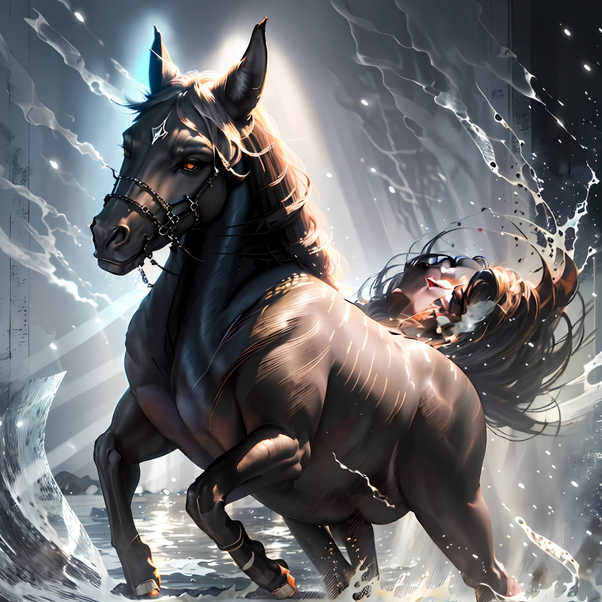 Black stallion emanating strength and elegance in its majestic appearance. Their coat is as black as the deepest night, shining softly in the sunlight. His imposing bearing displays powerful and athletic muscles, perfectly sculpted, revealing his dexterity and agility. Its long, arched neck stretches out with grace, while its noble head sports intense, intelligent eyes. --auto --s2