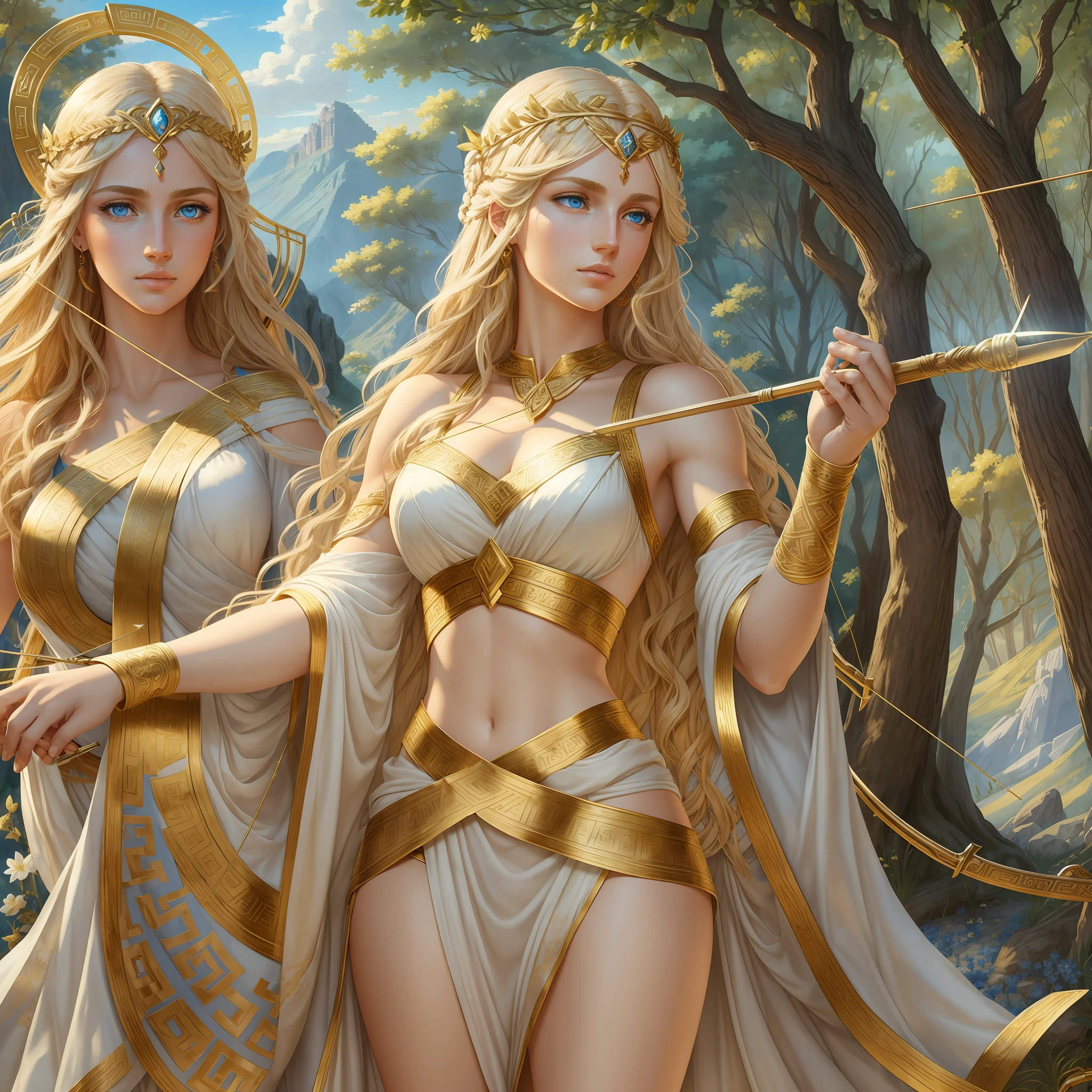 Greek goddess of wilderness and virginity, blue eyes, blond hair, fair skin, amazingly gorgeous, stern and determined, tall and slender, sleeveless very short Greek white tunic with gold borders, archery, holding a golden bow, archery, mythical Arcadian mountains and forests, photorealistic, super high quality, super detail, masterpiece, HDR, 4k --auto --s2