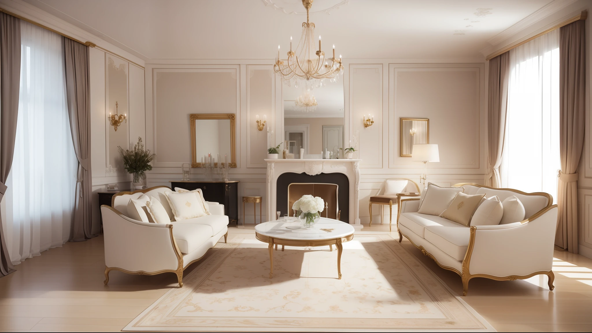 French simple living room, elegant, light luxury, exquisite, high-definition renderings, exquisite details, detailed intricate rendering, 3D rendering style, high-quality rendering