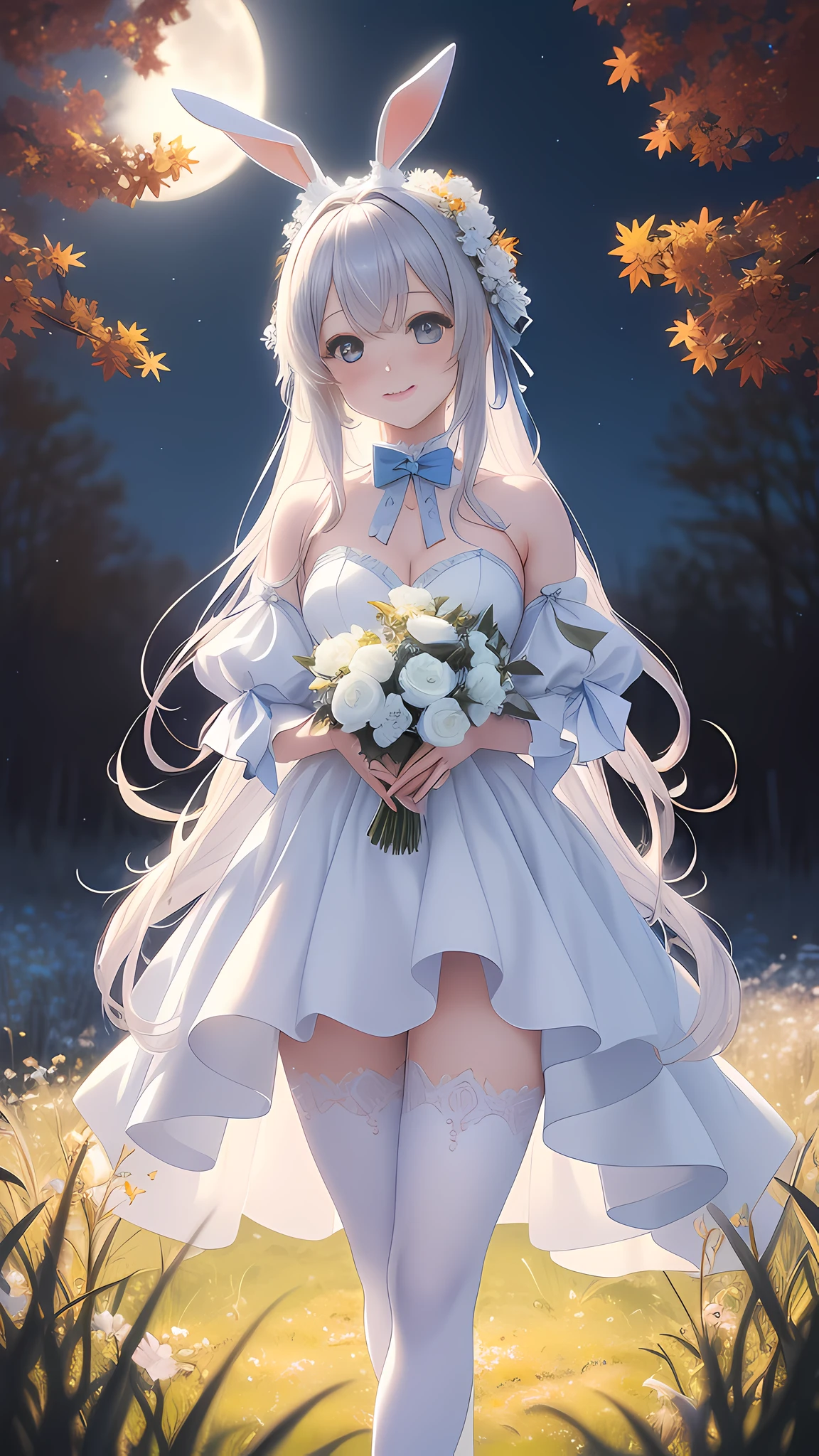 Bunny morphing girl, fluffy, soft ((best quality)), ((masterpiece)), ( extreme detail, highest detail, official art, beauty and aesthetics: 1.2), lens stretch, composition, full body, (beautiful and detailed eyes: 1.3), wearing white and blue silk, (very happy: 1), background grass, autumn, night, moonlight, moon