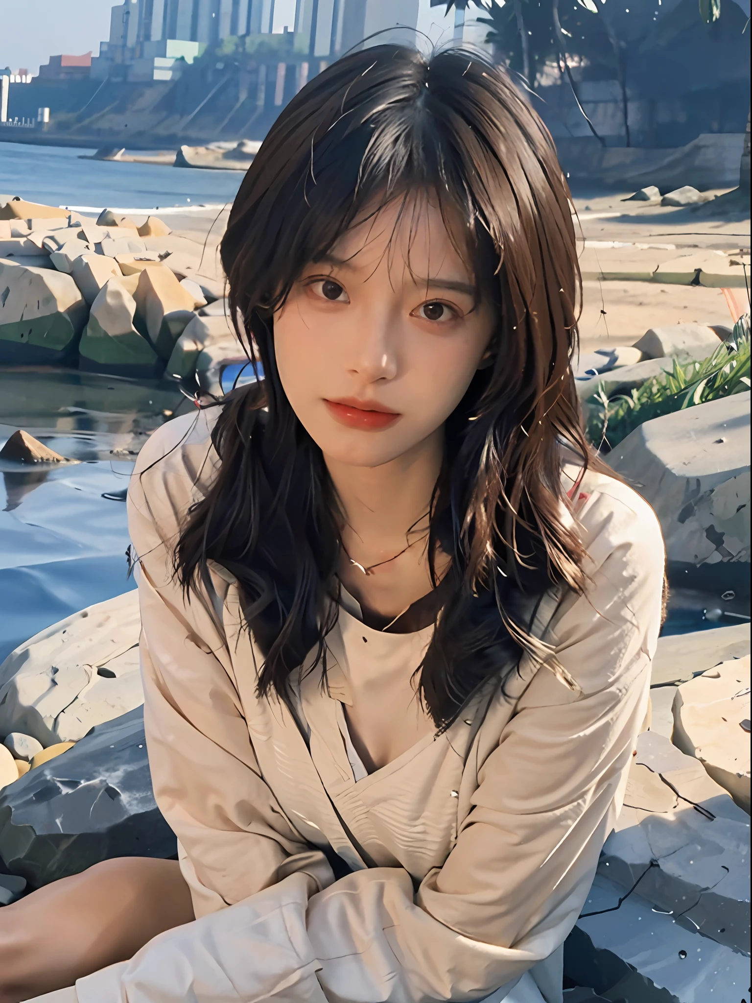 (Full body photo), 8K, seaside, big breasts, best quality, masterpiece, super high resolution, (realism: 1.4), original photo, (real skin texture: 1.3), (bust photo), (film grain: 1.3), 1 girl, beautiful eyes and face details, masterpiece, best quality, close-up