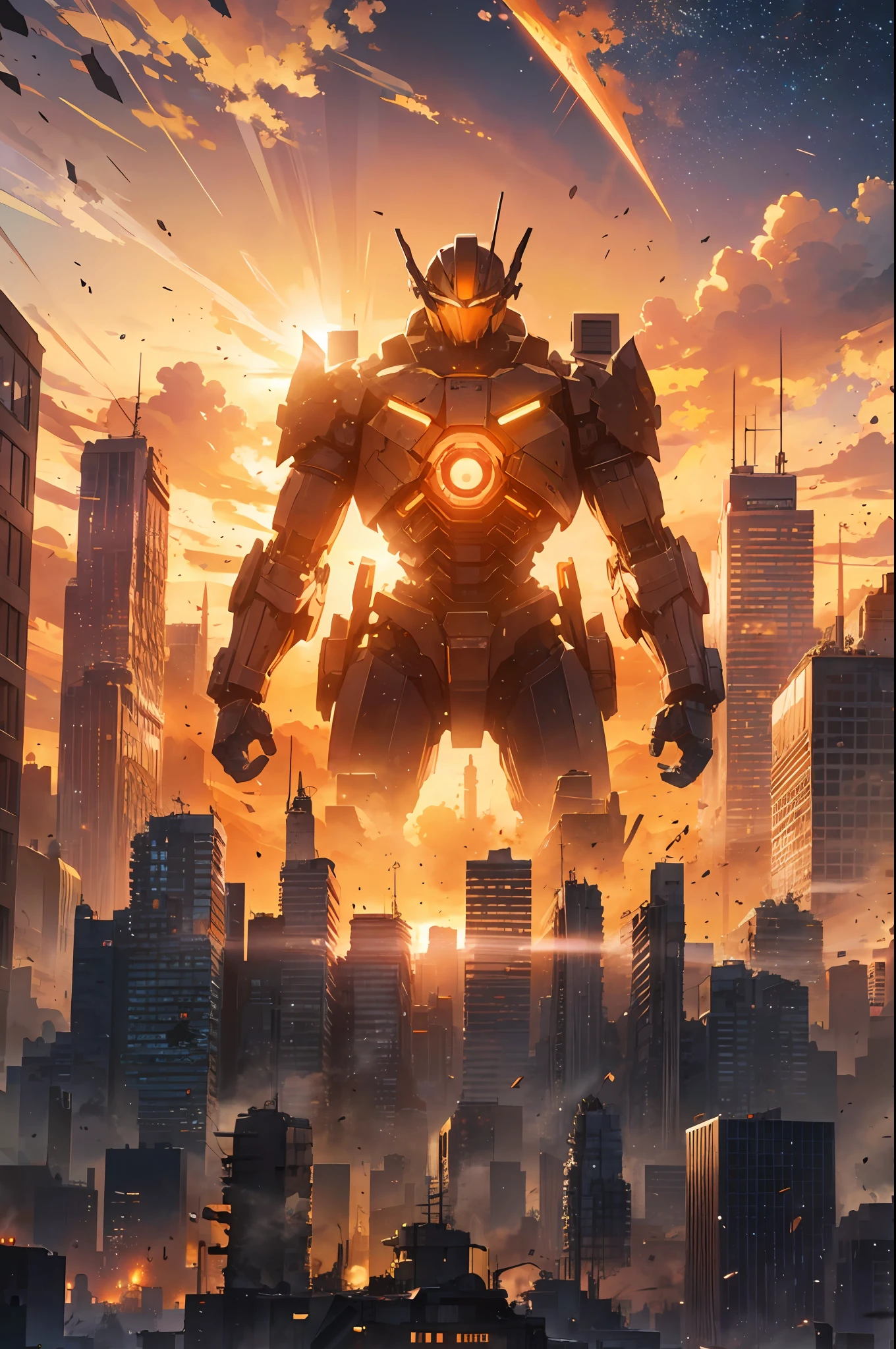 Run-down city, Battlefield, ruins, Gunsmoke fills, Broken giant robot, Orange sky, Dust, radiance, starry, from below, wide shot, cinematic lighting, blurry, Ultra-Wide Angle, best quality, 8k