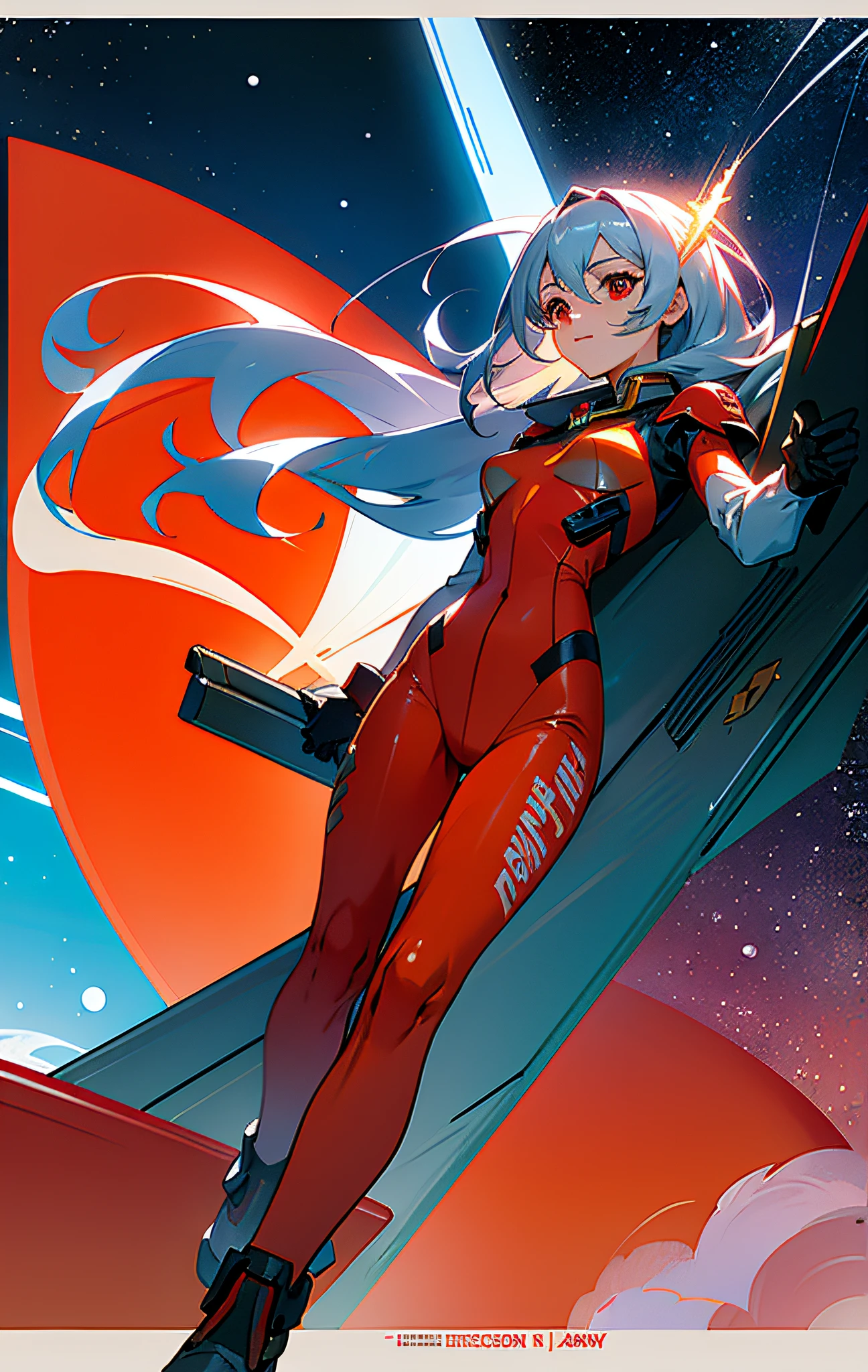 (title), 1girl, medium breasts, cute, beautiful detailed eyes, shiny hair, visible through hair, hair between the eyes, movie poster, hair, red eyes, vampires ,girls,small breasts,pilot suit,principality of zeon,plasterer,Orange_clothing_body:jumpsuit), white_gloves, white_space shoes, white_helmet, CCCP scarlet letters on the top of the helmet, weightlessness, sidelights, reflections, the person in the spacesuit is in the lower left of the photo, the right hand is outstretched, the right hand gently touches the space colony), space station, space battleship, mobile suit, reflected light of the sun, silver metal, red flag, shine, ill, diffuse reflection, metal texture, distant blue earth, mecha style, starsea, High profile, majestic