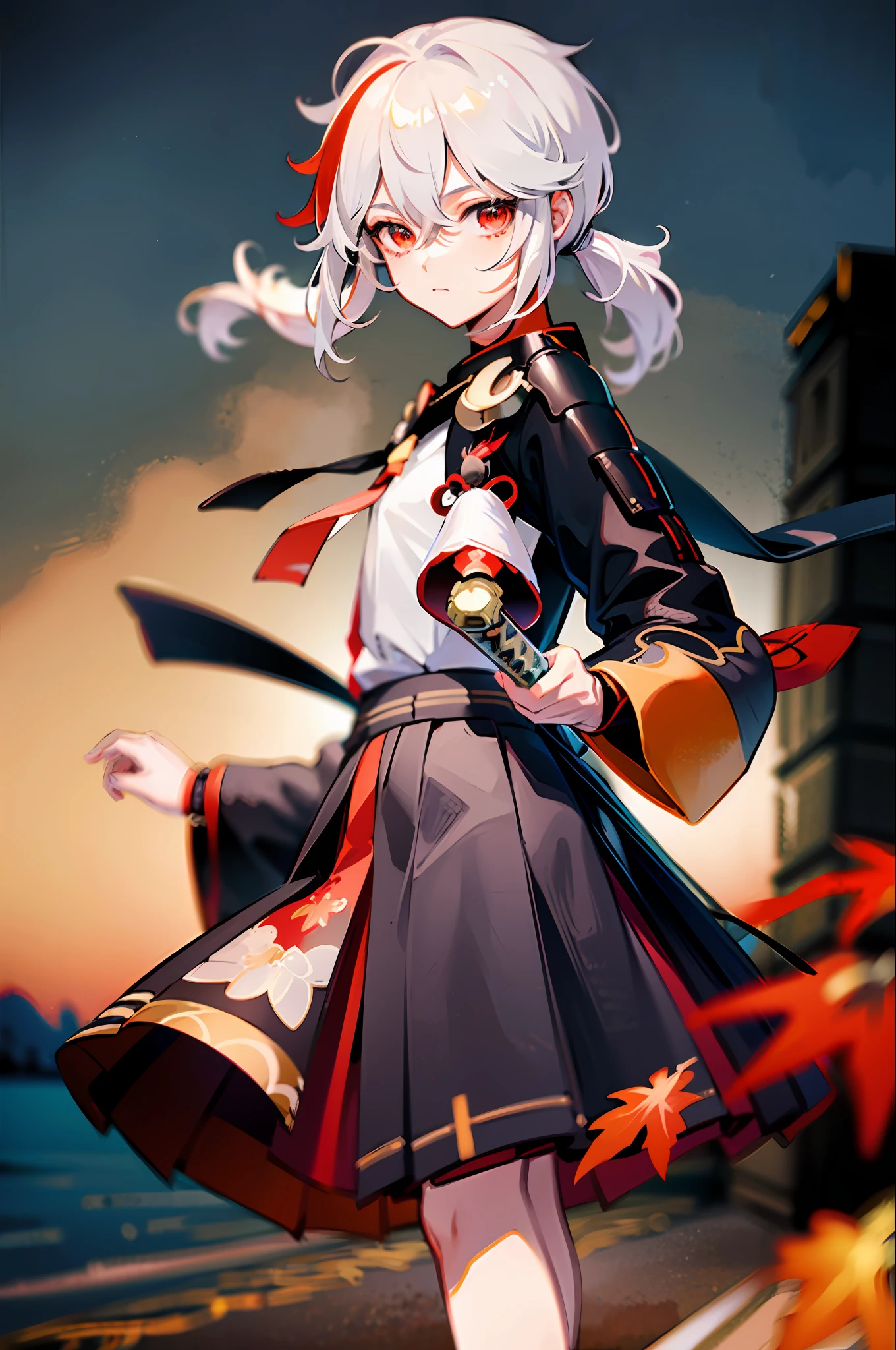 (8k, RAW photo, best quality, masterpiece:1.3),(night),(looking at viewer:1.331),(white hair),posing,Tokyo street,nightcityscape, extremely beautiful face,bust,put down hands,Random hairstyle,Random expression,big eyes, ,lower abdomen,(short-sleeved
JK_shirt),JK_style,(JK_skirt) ,(bow JK_tie),mix4, kaedehara kazuha, male focus, 1boy, solo, red eyes, bangs, multicolored hair, japanese clothes, streaked hair, red hair, hair between eyes, weapon, sword, white hair, closed mouth, ponytail, outdoors, tassel, looking at viewer, close up