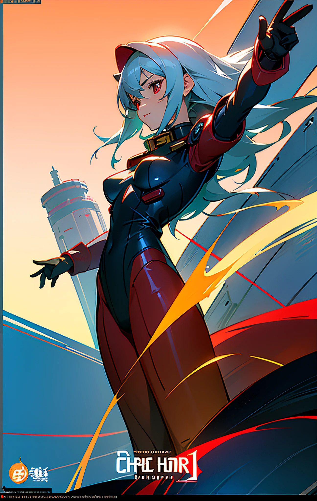 (title), 1girl, medium breasts, cute, beautiful detailed eyes, shiny hair, visible through hair, hair between the eyes, movie poster, hair, red eyes, vampires ,girls,small breasts,pilot suit,principality of zeon,plasterer,Orange_clothing_body:jumpsuit), white_gloves, white_space shoes, white_helmet, CCCP scarlet letters on the top of the helmet, weightlessness, sidelights, reflections, the person in the spacesuit is in the lower left of the photo, the right hand is outstretched, the right hand gently touches the space colony), space station, space battleship, mobile suit, reflected light of the sun, silver metal, red flag, shine, ill, diffuse reflection, metal texture, distant blue earth, mecha style, starsea, High profile, majestic