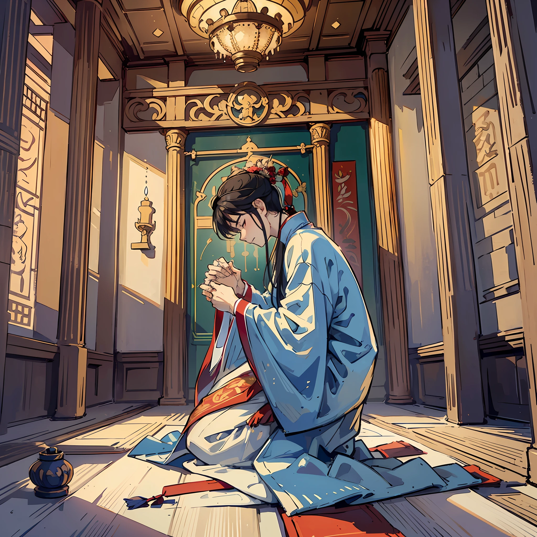 ((best quality),(ultradetailed)),illustration,'Draw a man in traditional clothing kneeling in an ancient temple, praying for love and a future encounter. The background is an old temple with stone walls and pillars, and the room is dimly lit with candlelight. The man wears a white hanfu with a blue sash, and he holds a red ribbon between his hands as he prays. He has a serious expression with his eyes closed and his head bowed. In front of him, there is a small altar with burning incense and a small vase of flowers. The viewpoint is from a low angle, looking up at the man and the temple’s high ceiling --auto --s2