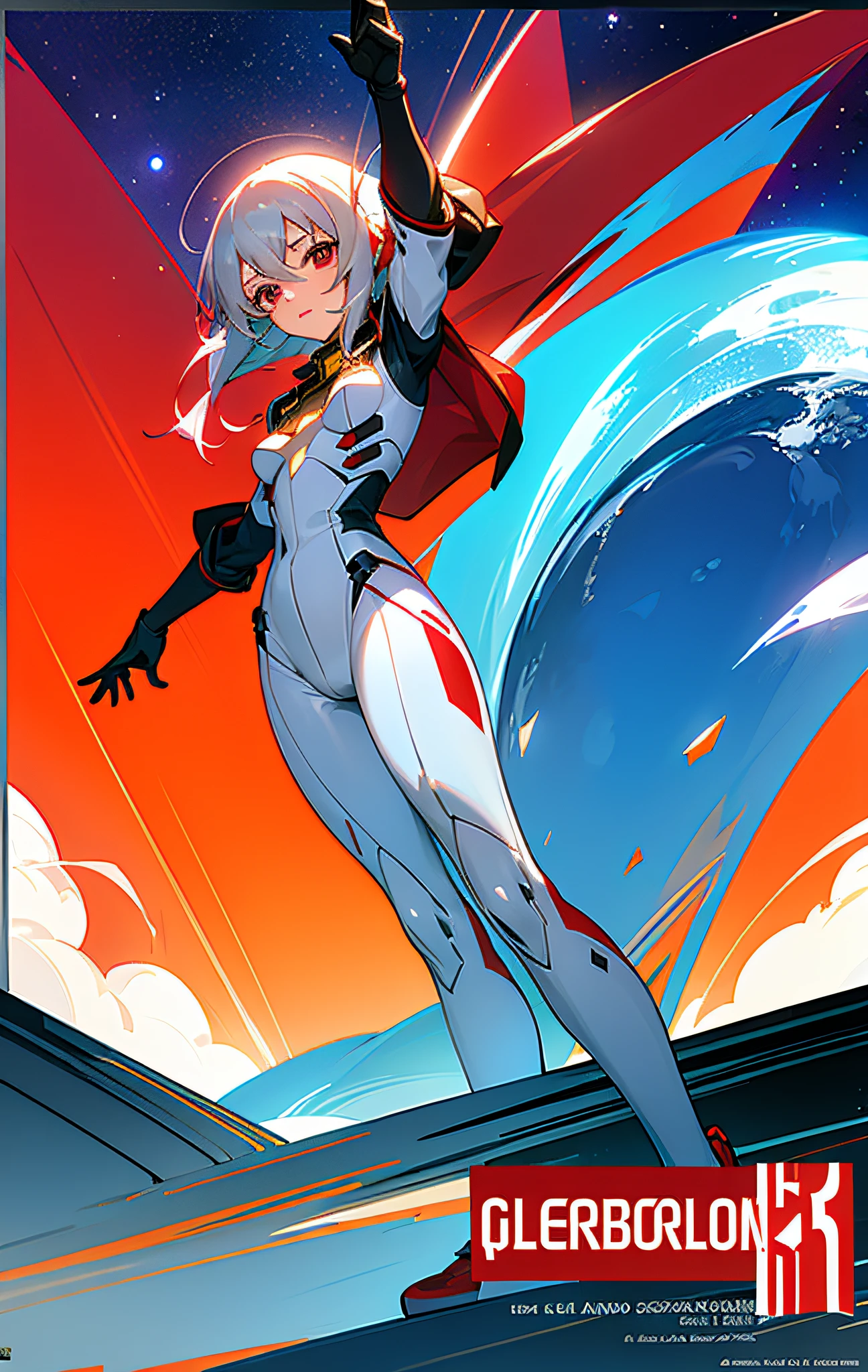 (title), 1girl, medium breasts, cute, beautiful detailed eyes, shiny hair, visible through hair, hair between the eyes, movie poster, hair, red eyes, vampires ,girls,small breasts,pilot suit,principality of zeon,plasterer,Orange_clothing_body:jumpsuit), white_gloves, white_space shoes, white_helmet, CCCP scarlet letters on the top of the helmet, weightlessness, sidelights, reflections, the person in the spacesuit is in the lower left of the photo, the right hand is outstretched, the right hand gently touches the space colony), space station, space battleship, mobile suit, reflected light of the sun, silver metal, red flag, shine, ill, diffuse reflection, metal texture, distant blue earth, mecha style, starsea, High profile, majestic