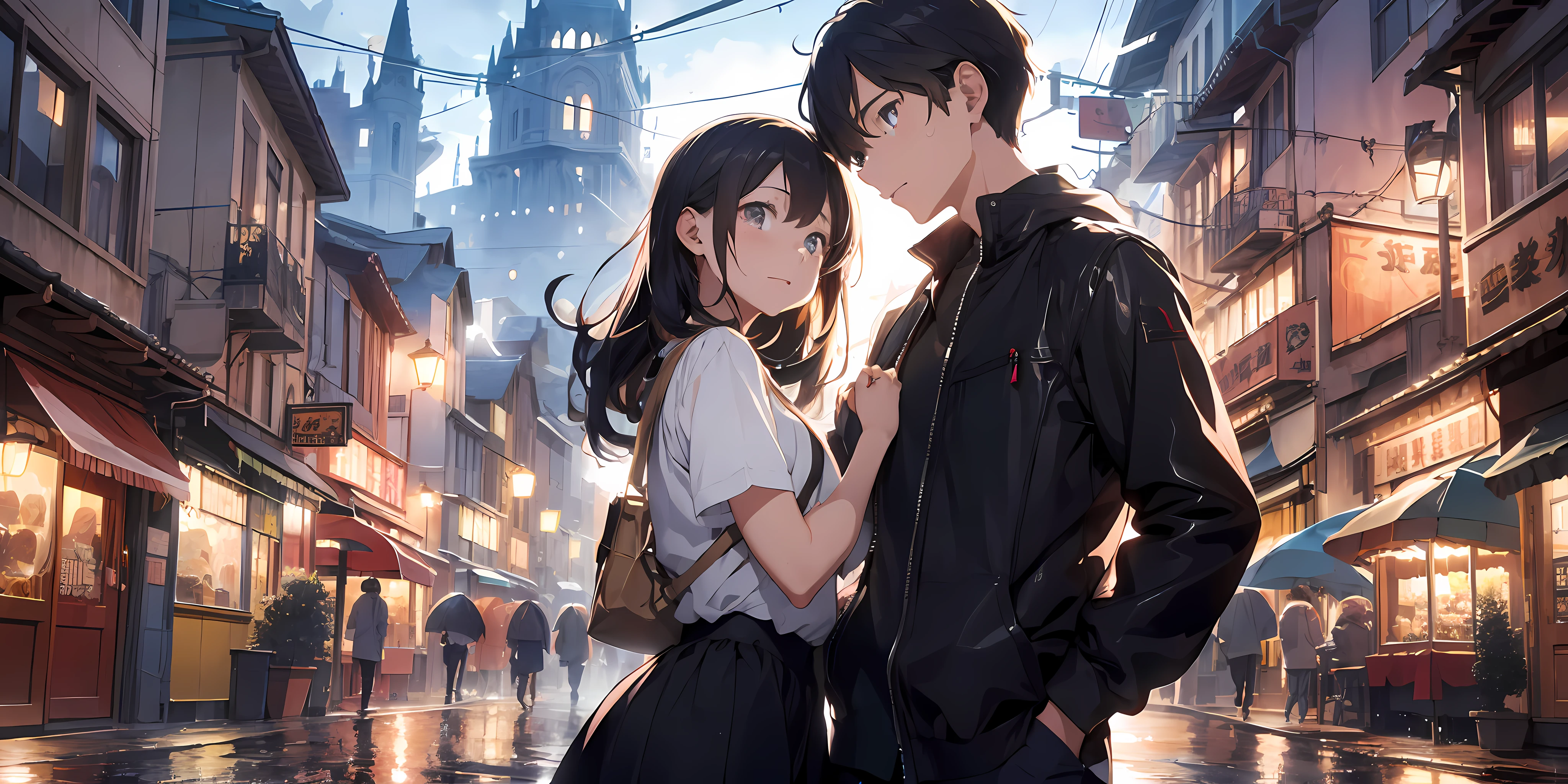 absurdres, highres, ultra detailed, A girl patting a boy who is crying under a lamp post while it's raining, masterpiece, visually attractive, 8k, from an anime movie, beautiful scene, beautiful town