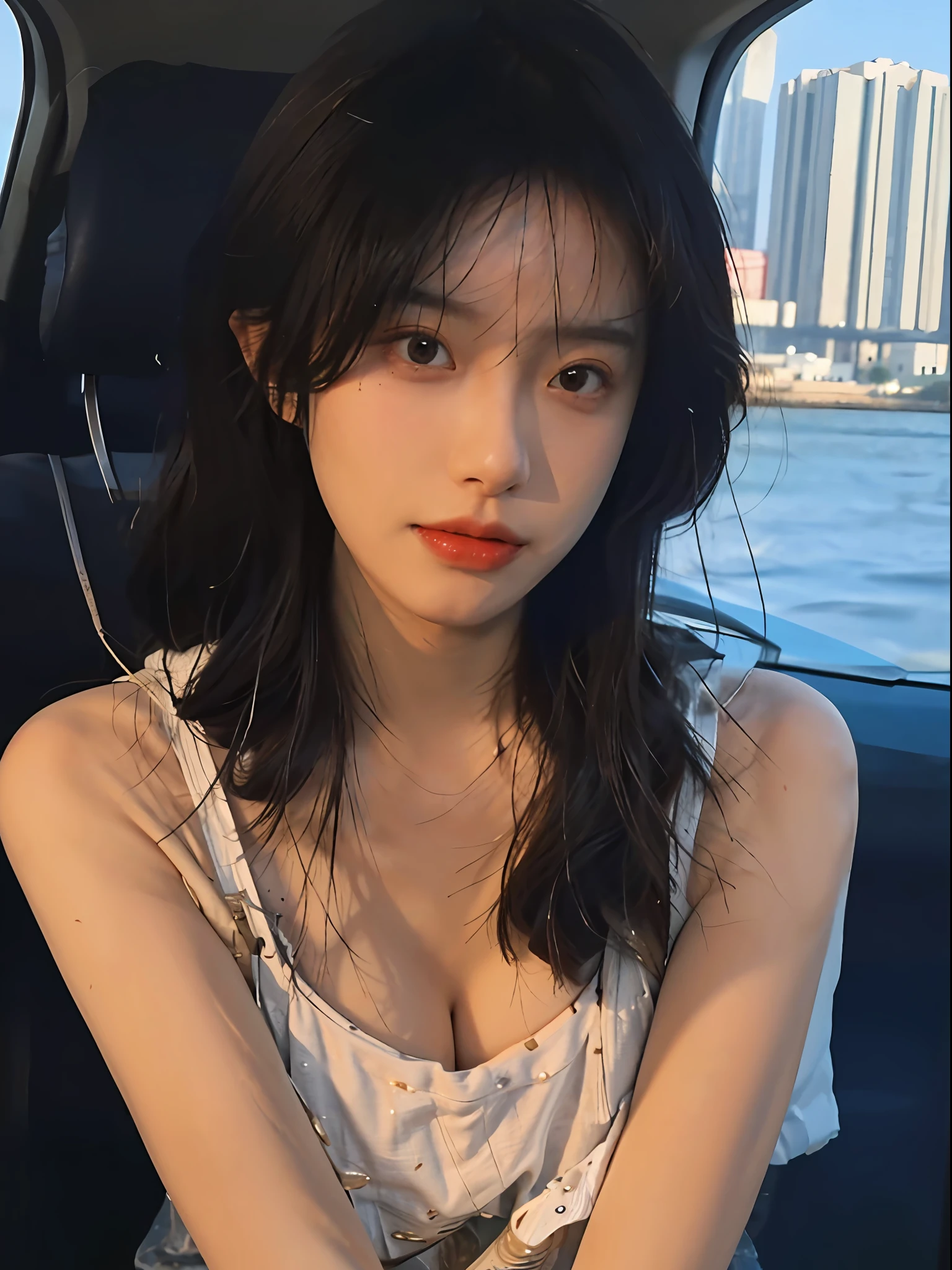(Full body photo), 8K, seaside, big breasts, best quality, masterpiece, super high resolution, (realism: 1.4), original photo, (real skin texture: 1.3), (bust photo), (film grain: 1.3), 1 girl, beautiful eyes and face details, masterpiece, best quality, close-up