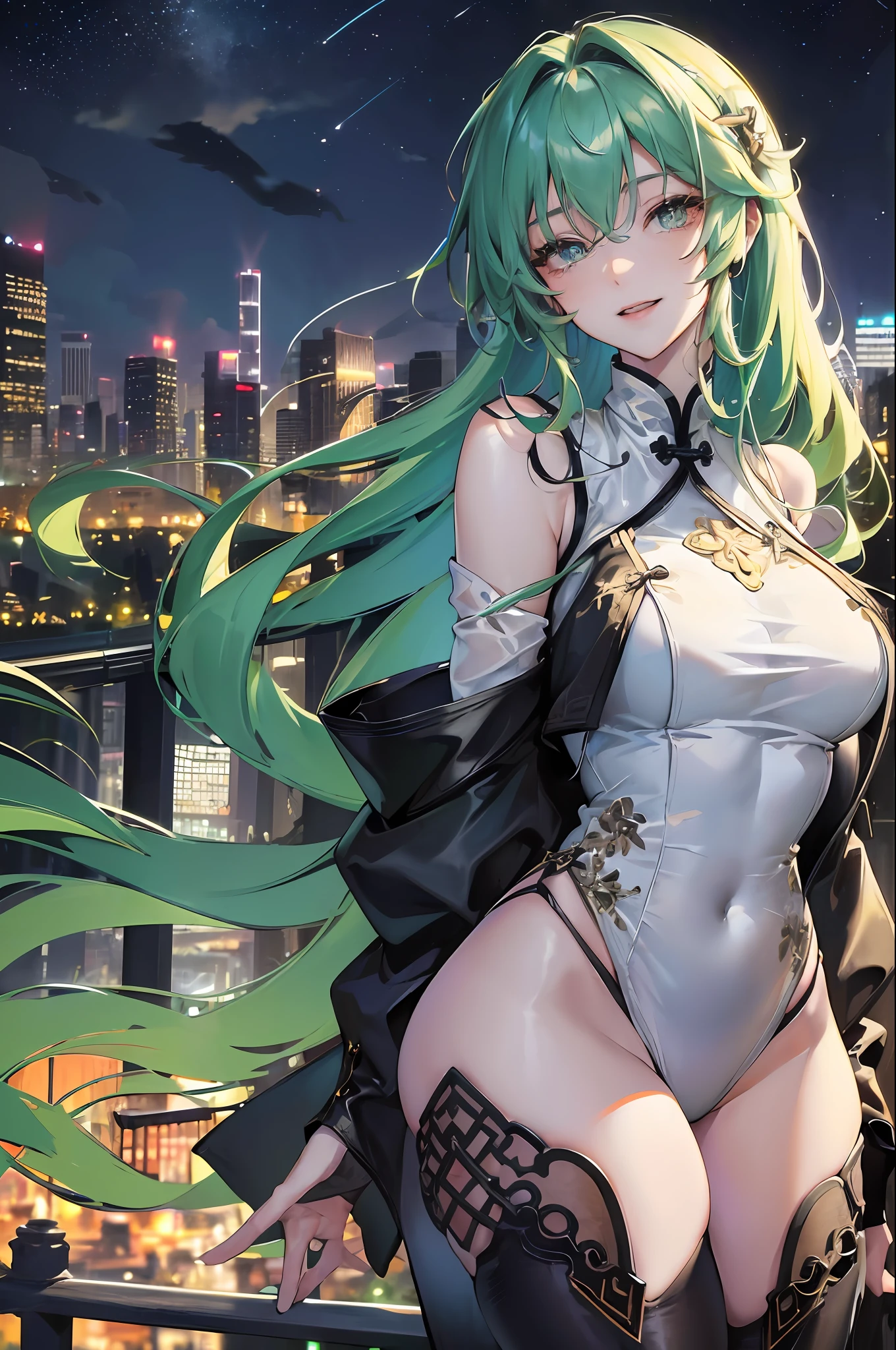 Official Art, Masterpiece, Sharp Focus, (Beautiful Gorgeous Cute Chinese Woman: 1.3), (Beautiful and Cute Chinese: 1.3), (Upper Body Tight Vest, Tong) Light Green Hair Chinese Beauty, Delicate Beautiful Hair Reaching the Ground and Eyes and Face, Realistic, Super Detailed, Beautiful Girl, Fine Light Rain, Wet Clothes, Glowing White Particles, (Sidelighting: 1.2), Gloomy Light, Detailed Clouds, Slender, Cute Big Breasts Big Buttocks, Toothless Smile (( Eyes open when laughing)), landscape, long straight hair, sexy facial expressions, starry sky at night, damp clothes clinging to body curves, (cityscape:1.7), dynamic hair, long straight hair, fine colored hair, glowing heterochromic pupils, black stockings, pale skin, hair accessories, epic landscapes, collars and hair accessories, especially long hair