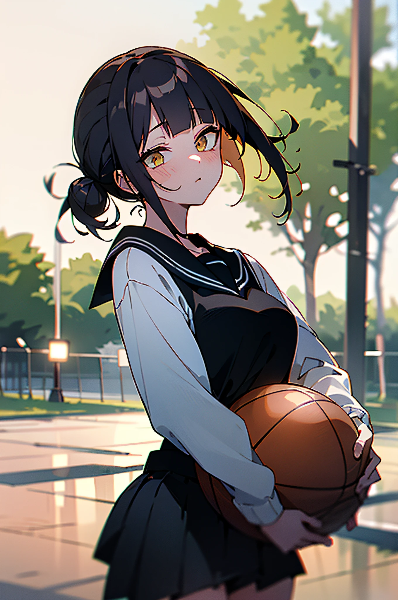 (8k, Best Quality, Masterpiece: 1.2), (Realistic, Photorealistic: 1.37), Super Detailed, Best Quality, Super High Resolution, Professional Lighting, Photon Mapping, Radiosity, Physically Based Rendering, Cinematic Lighting , basketball court, depth of field, focus, sun rays, good composition, (bokeh: 1.2), 1 girl, (whole body), (closed mouth), beautiful eyes, pose, constriction, basketball uniform, black hair , messy hair, long hair blowing in the wind,(ulzzang-6500:1.2) mix4, hiqcgbody