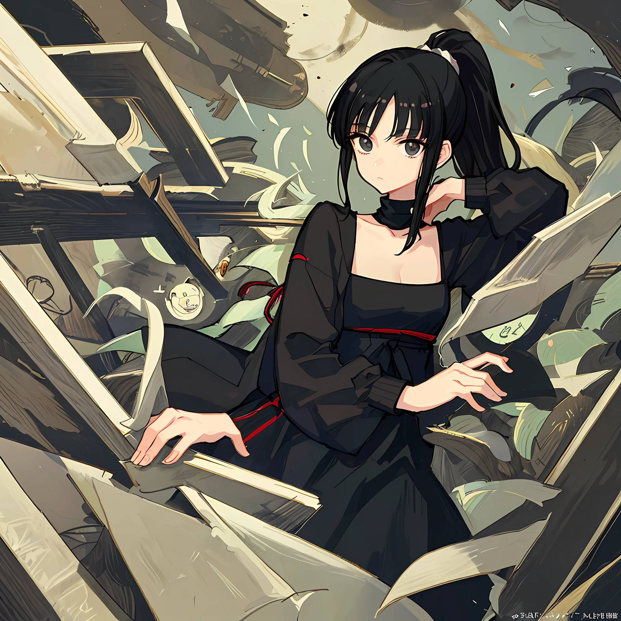 (Masterpiece), (Best Quality), (Super Detail),(Illustration), 1 Woman, Black Hair, Ponytail Hair, Black Clothing, by Yoshihiro Togashi, Manipulating Black Shadows.