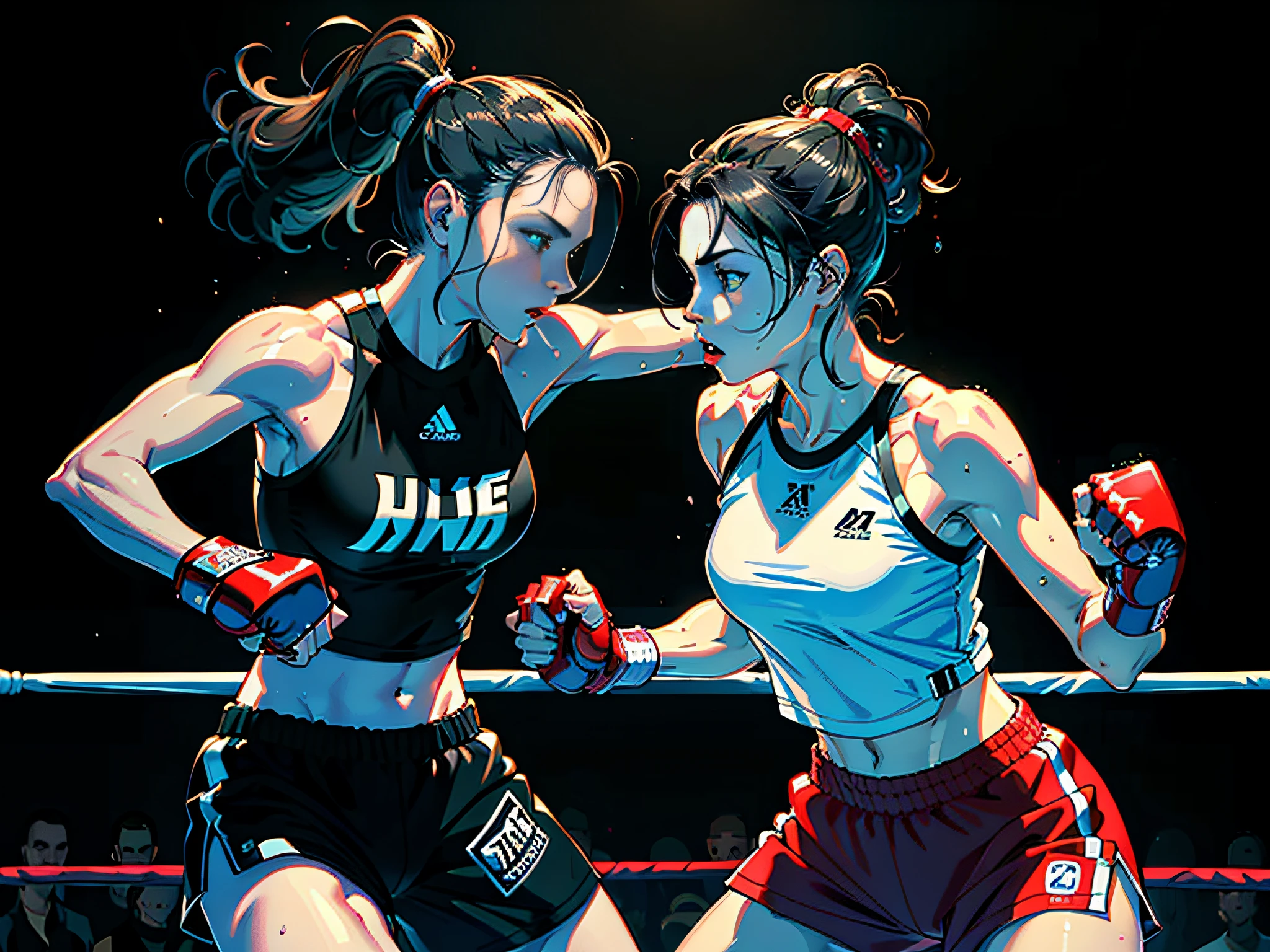 (Original), (Boxing Match), (Best Quality), (Masterpiece), Photographic Reality, Realistic, Very Detailed Illustrations, (1 Girl), Beautiful Eyes, (Delicate Face), Perfect Details, (Best Lighting), (Super Intricate Details), (Boxing Girl), (Aggressive Punching), Sweat, Heavy Breathing, (Crushing Attack), (Boxing Ring), Sports Shorts, Perfect Details, Perfect Fingers, Perfect Limbs, Impact, (Shiny Skin), Abs, Muscles, Waist Line, Boxing Shorts , boxing, black hair, high ponytail, super long hair, 4K unity, (super fine CG: 1.2), (8K: 1.2), realistic, octane rendering