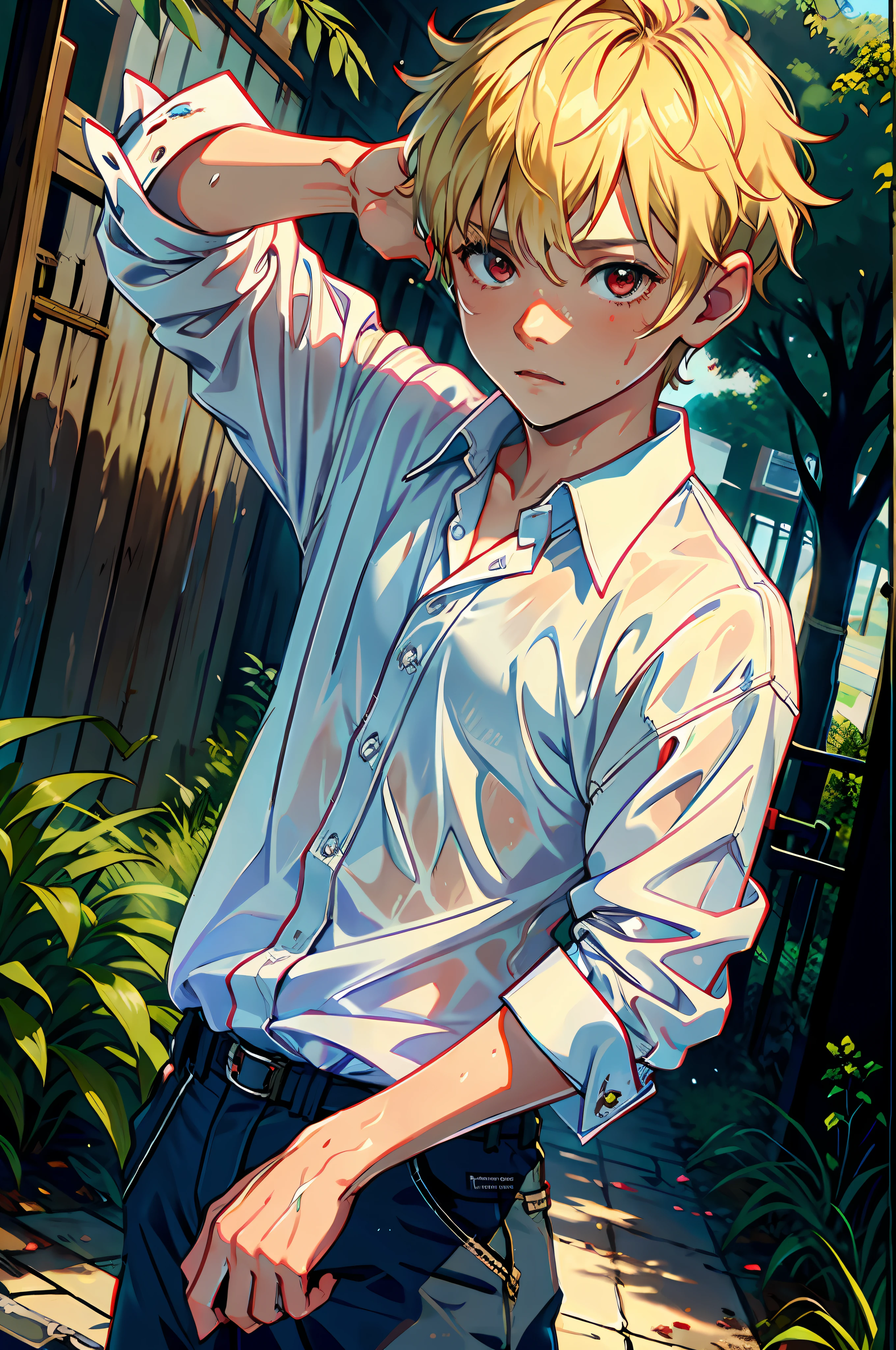 Boy with short blonde hair and red eyes, cowboy shot, raking up bangs, after rain, white shirt, wet clothes.