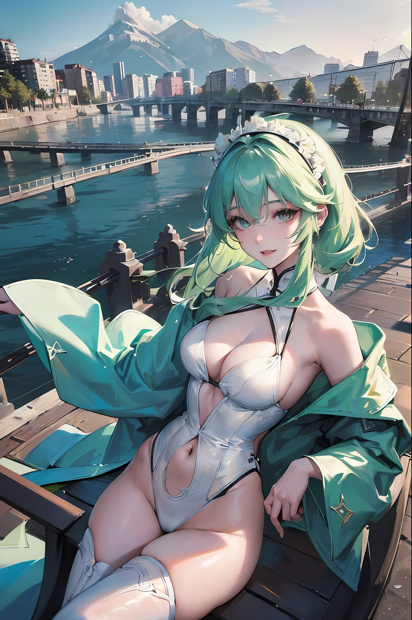 Official Art, Masterpiece, Sharp Focus, (Beautiful Gorgeous Cute Chinese Woman: 1.3), (Beautiful and Cute Chinese: 1.3), Light Green Haired Chinese Beauty, Wearing Bikini, Thong and Jumpsuits, Delicately Beautiful Hair and Eyes and Face Reaching the Ground, Realistic, Ultra-detailed, Beautiful Girl, Fine Light Rain, Wet Clothes, Glowing White Particles, (Side Lighting: 1.2), Sunlight, White Clouds, Delicate Clouds, Slender, Cute Big Breasts Big Buttocks, Smile without teeth ((laughing with eyes open)), landscape, long straight hair, sexy facial expression, mountains and rivers on background, damp clothing clinging to body curves, (cityscape:1.7), dynamic hair, long straight hair, fine colored hair, glowing heterochromic pupils, black stockings, pale skin, hair accessories, epic landscapes, collars and hair accessories, hair especially long