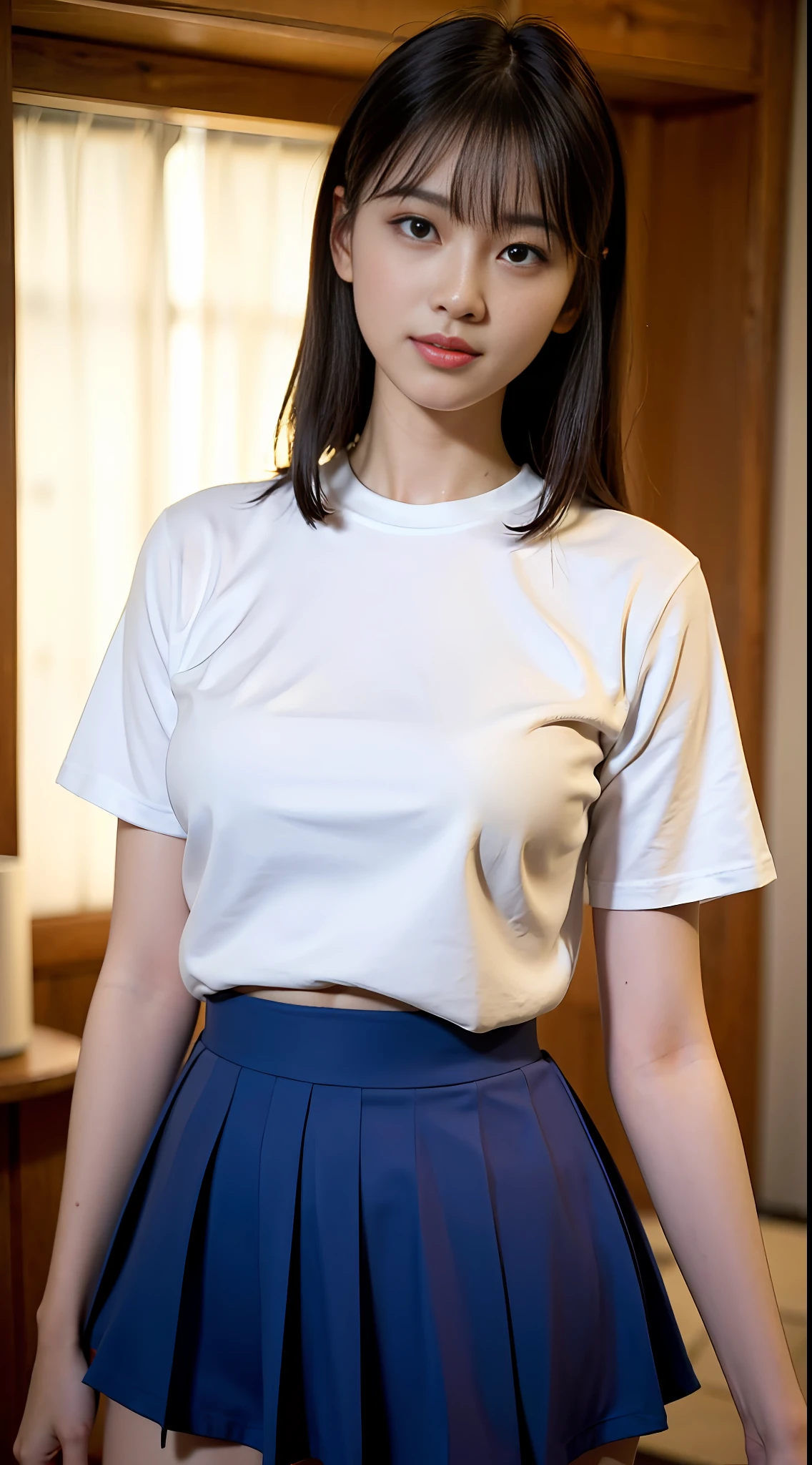 (Top Quality, 8k, 32k, Masterpiece, High Definition, Professional Photography, UHD: 1.3), Charming 16 Year Old Female Photography of Japan, Yoshitomo Nara, One Girl, Perfect Body, Super Detailed Face, Detailed Lips, Fine Eyes, Double Eyelids, (Big: 1.2), (Shirt with Front Wide Open: 1.2), (Dark Blue Skirt), (Skirt Flipped Up: 1.2), (White Tight T-Back: 1.3), ( openstance), ((sweating: 1.2)), short layer cut, very beautiful sweat, very beautiful smooth skin, shiny thighs, fair skin, very wet thighs, (dramatic light: 1.3), subjective, ((sexual arousal: 1.2)), (grinning),