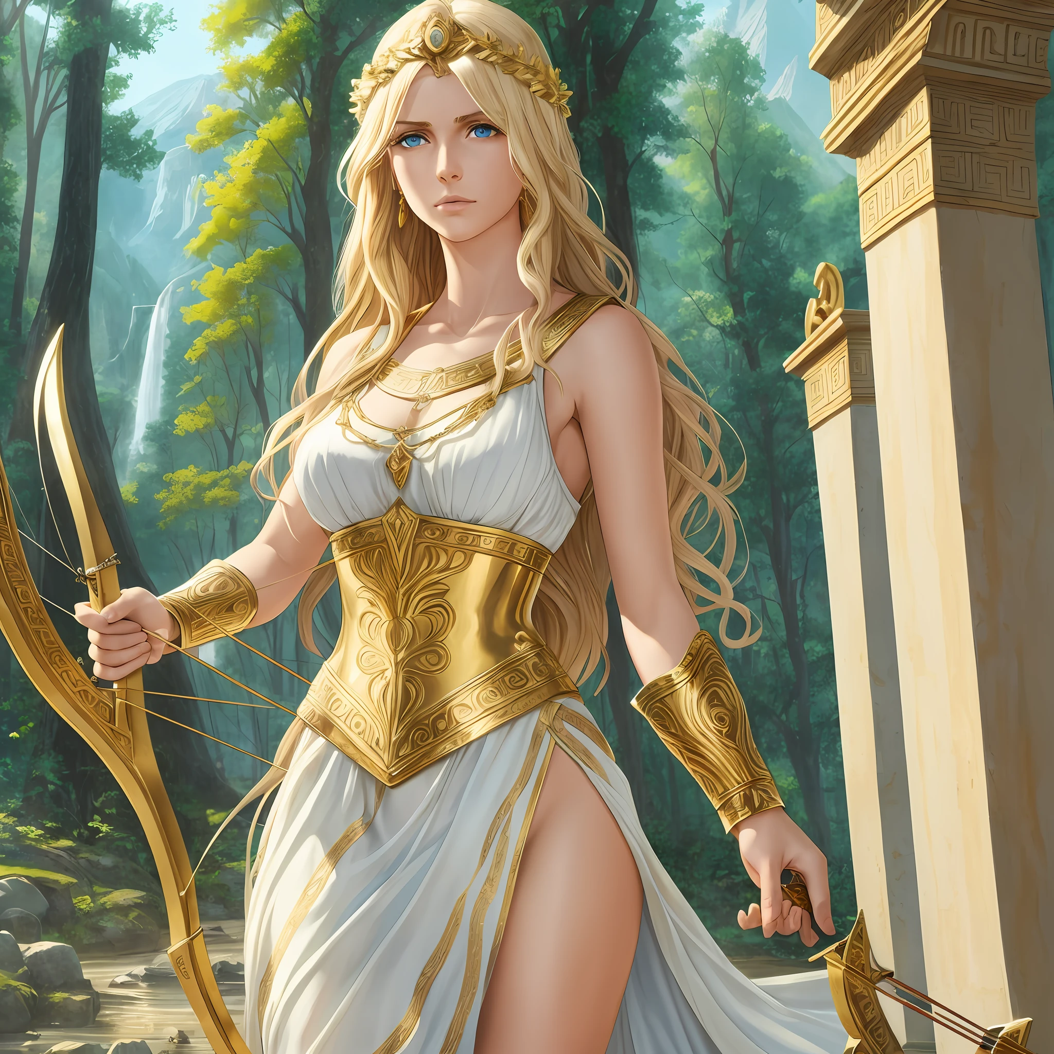 Greek goddess of wilderness and virginity, blue eyes, blond hair, fair skin, amazingly gorgeous, stern and determined, tall and slender, sleeveless very short Greek white tunic with gold borders, archery, holding a golden bow, archery, mythical Arcadian mountains and forests, photorealistic, super high quality, super detail, masterpiece, HDR, 4k --auto --s2