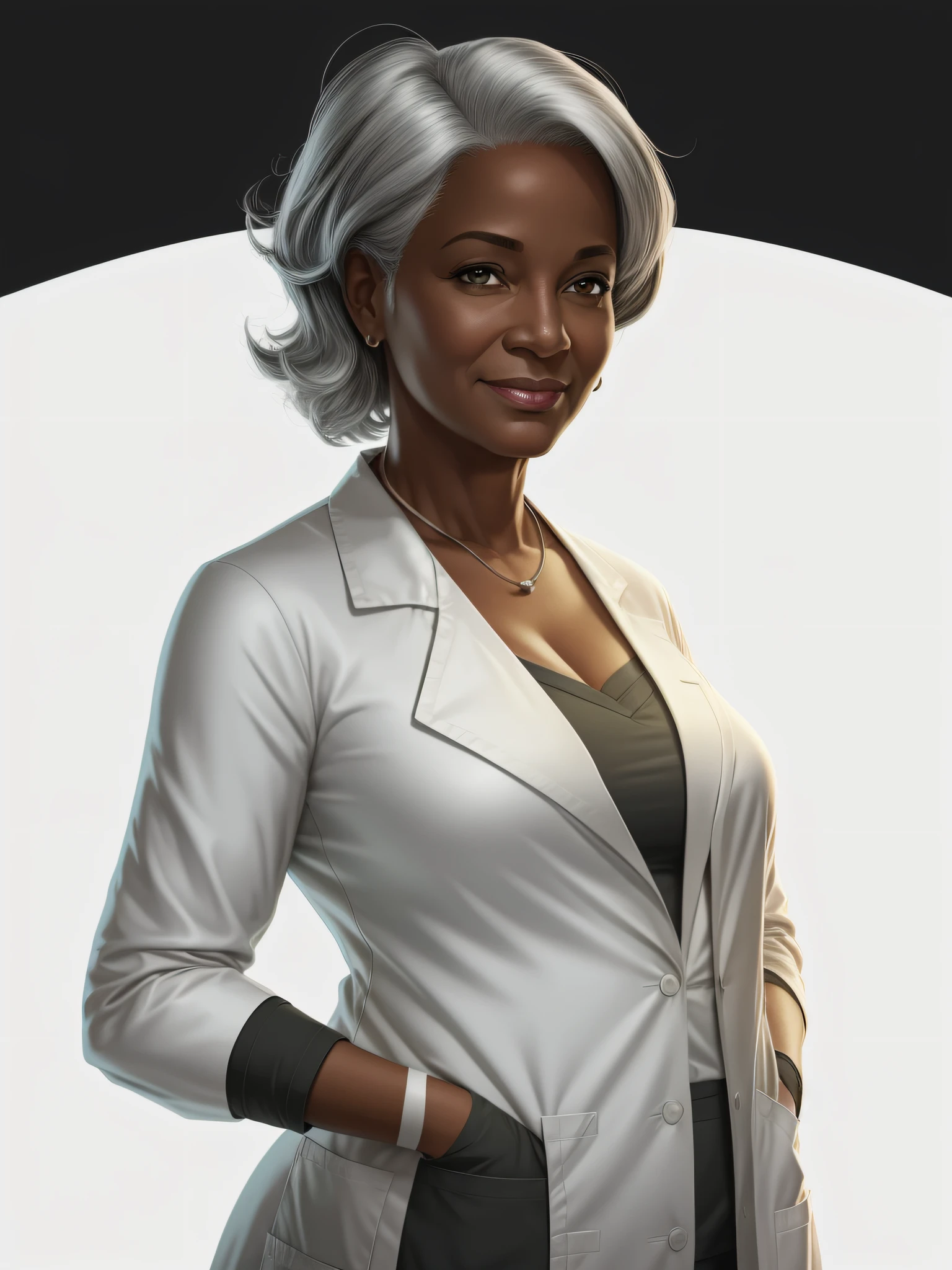 Comic book hospital director, American plan, woman, black, middle-aged, 55 years old, slightly gray hair, wearing lab coat, white background, illustration.