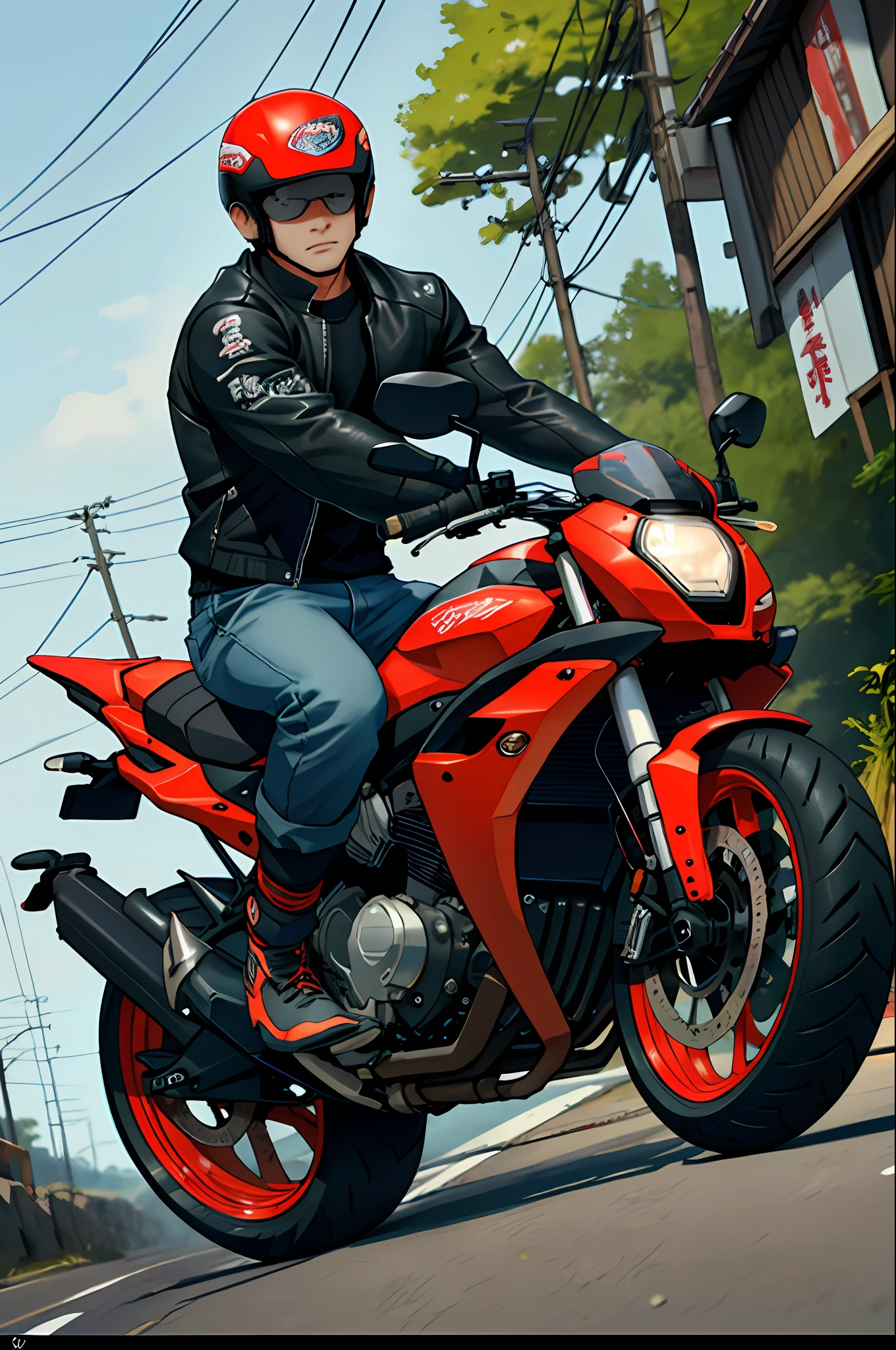 Boy 18 years old, riding motorcycle, foot on the ground, bad boy, japan motorcycle gank