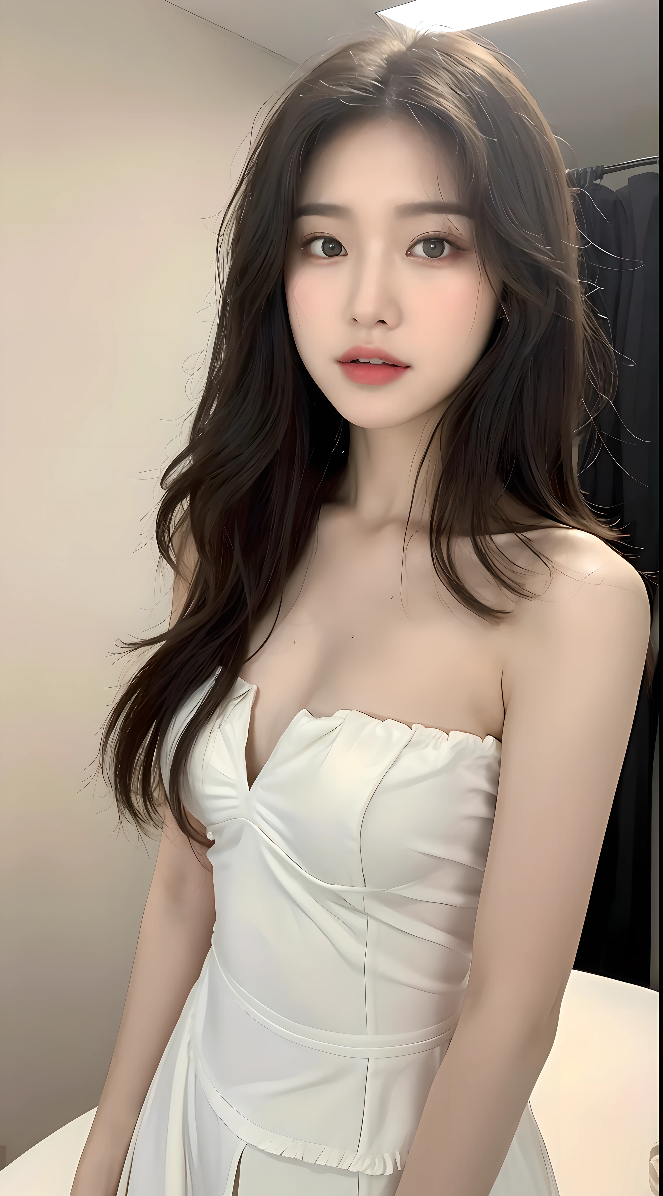 ((Best Quality, 8K, Masterpiece: 1.3)), Focus: 1.2, Perfect Body Beauty: 1.4, Buttocks: 1.2, ((Layered Haircut, Normal Chest: 1.2)), , Bandeau Dress: 1.1, Viewer-facing; 1.1, Highly detailed face and skin texture, fine eyes, double eyelids, whitened skin, long hair, (round face: 1.5)