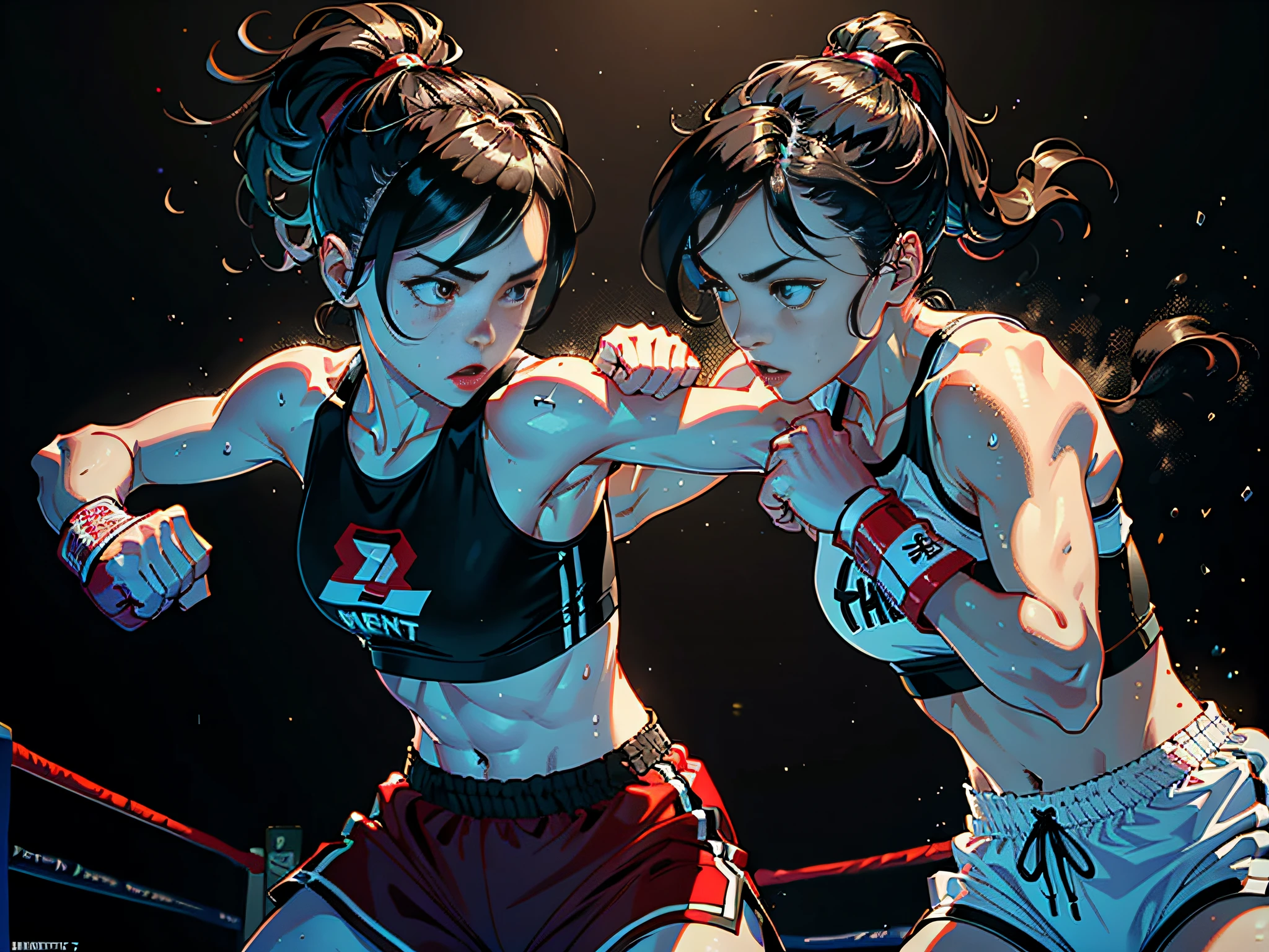 (Original), (Boxing Match), (Best Quality), (Masterpiece), Photographic Reality, Realistic, Very Detailed Illustrations, (1 Girl), Beautiful Eyes, (Delicate Face), Perfect Details, (Best Lighting), (Super Intricate Details), (Boxing Girl), (Aggressive Punching), Sweat, Heavy Breathing, (Crushing Attack), (Boxing Ring), Sports Shorts, Perfect Details, Perfect Fingers, Perfect Limbs, Impact, (Shiny Skin), Abs, Muscles, Waist Line, Boxing Shorts , boxing, black hair, high ponytail, super long hair, 4K unity, (super fine CG: 1.2), (8K: 1.2), realistic, octane rendering