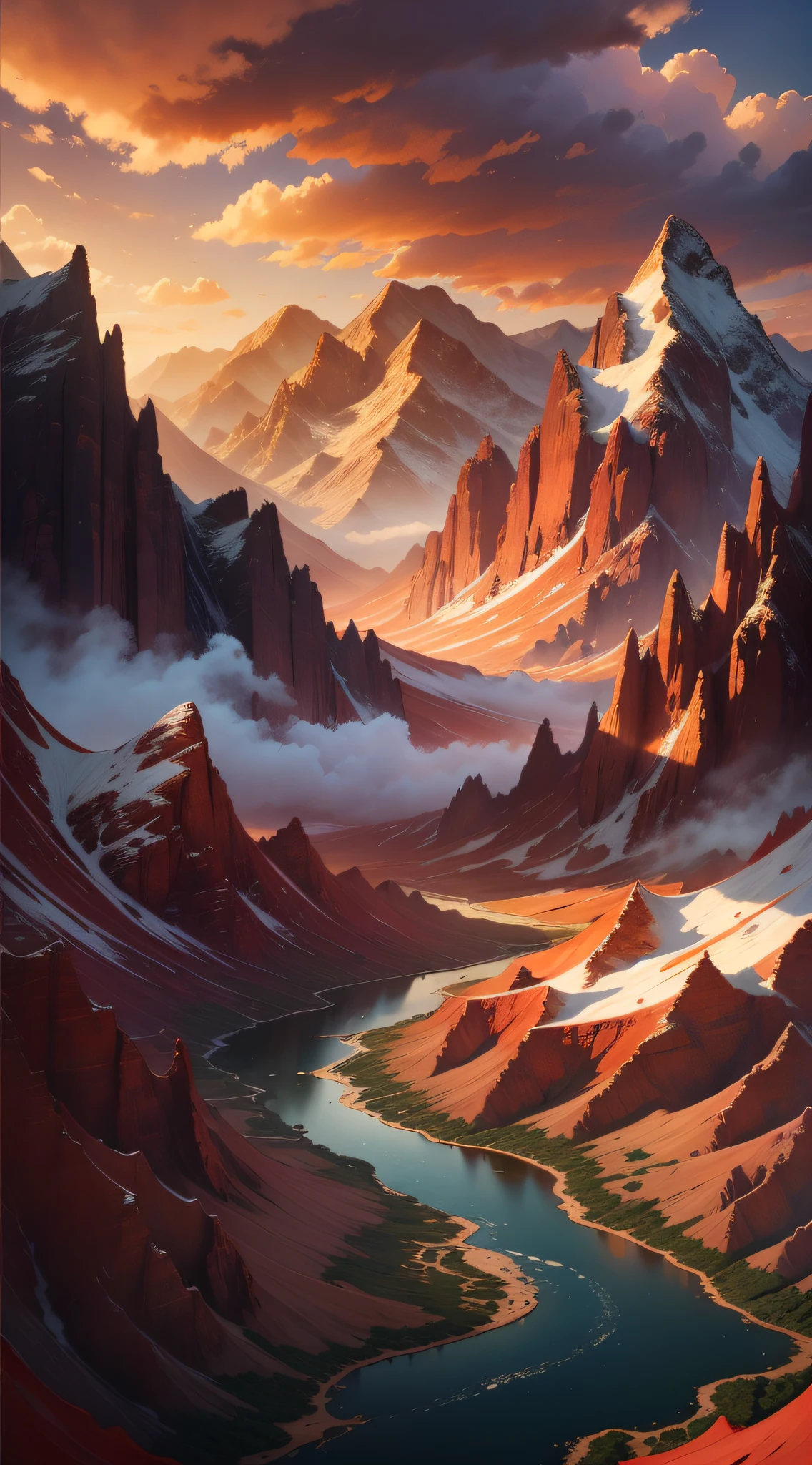 Looking at the distant mountains into the clouds, the sunset shines on the red mountains. The flowing spring is surging, beautiful and natural. The past floats with the waves, and life is like water that is difficult to turn around. The mountains and rivers are picturesque, and dreams are turned over.