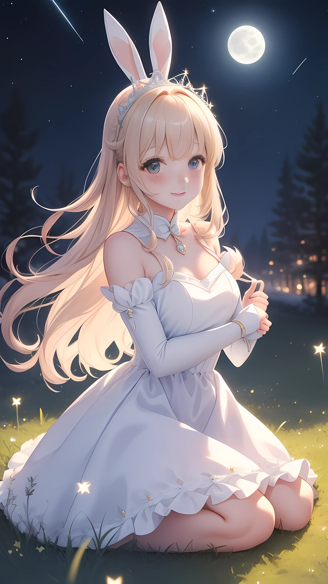 Bunny delicate cute girl, fluffy, soft ((best quality)), ((masterpiece)), ( extreme detail, highest detail, official art, beauty and aesthetics: 1.2), lens stretch, composition, full body, (beautiful and detailed eyes: 1.3), wearing princess dress, (very happy: 1), background grass, winter, night, moonlight, moon, shooting star