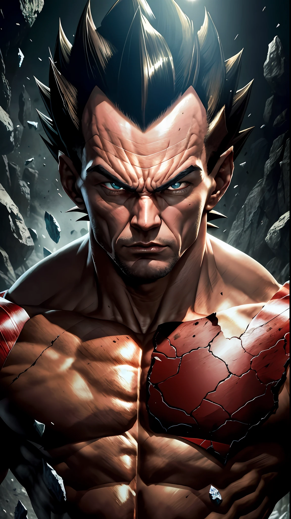 8k portrait of muscular vegeta, expression of Rage, intricate, elegant, highly detailed, majestic, digital photography, art by artgerm and ruan jia and greg rutkowski, black hair, beardless face, broken glass (masterpiece, side lighting, beautiful finely detailed eyes: 1.2 ), hdr,