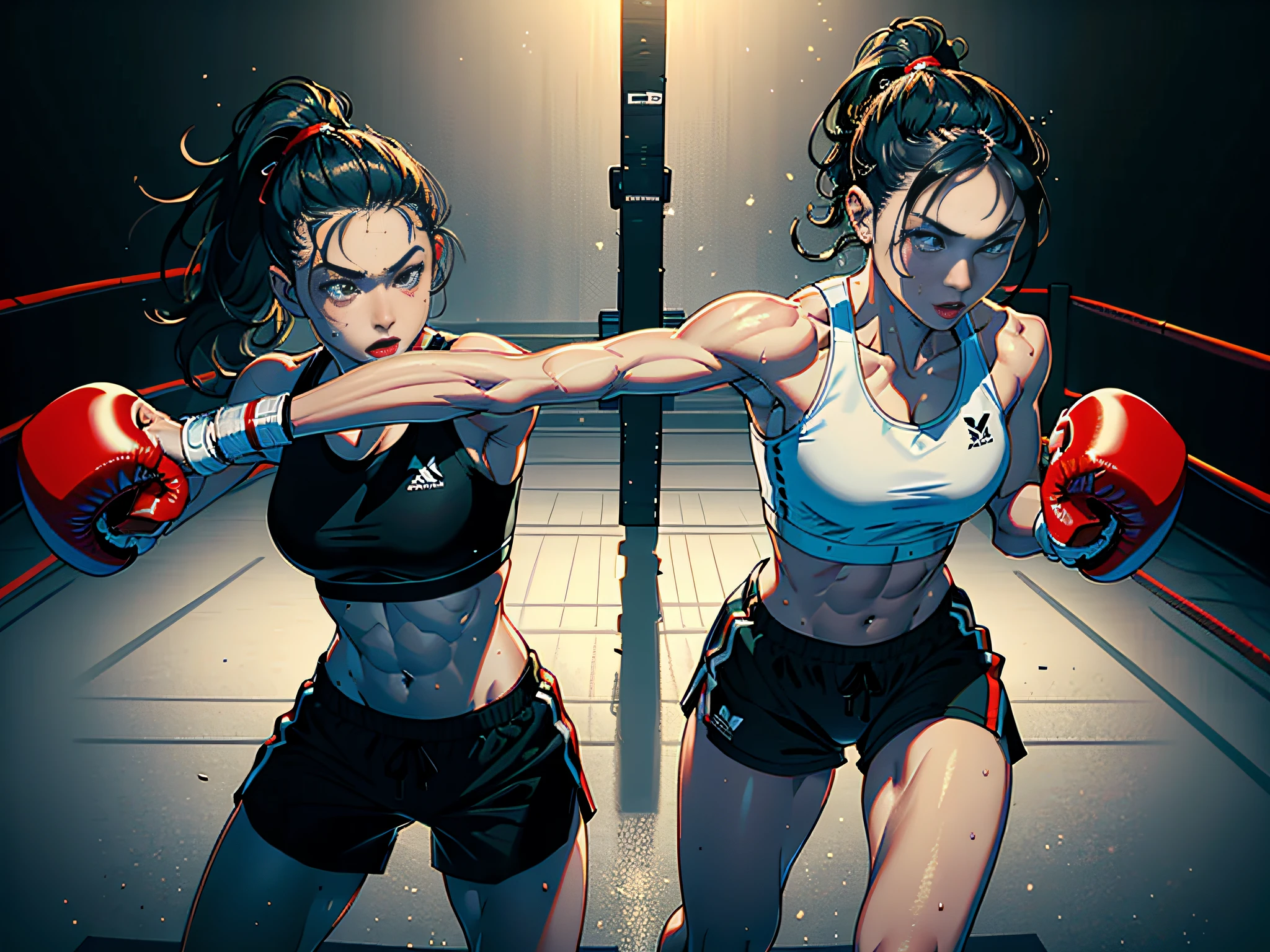 (Original), (Boxing Match), (Best Quality), (Masterpiece), Photographic Reality, Realistic, Very Detailed Illustrations, (1 Girl), Beautiful Eyes, (Delicate Face), Perfect Details, (Best Lighting), (Super Intricate Details), (Boxing Girl), (Aggressive Punching), Sweat, Heavy Breathing, (Crushing Attack), (Boxing Ring), Sports Shorts, Perfect Details, Perfect Fingers, Perfect Limbs, Impact, (Shiny Skin), Abs, Muscles, Waist Line, Boxing Shorts , boxing, black hair, high ponytail, super long hair, 4K unity, (super fine CG: 1.2), (8K: 1.2), realistic, octane rendering