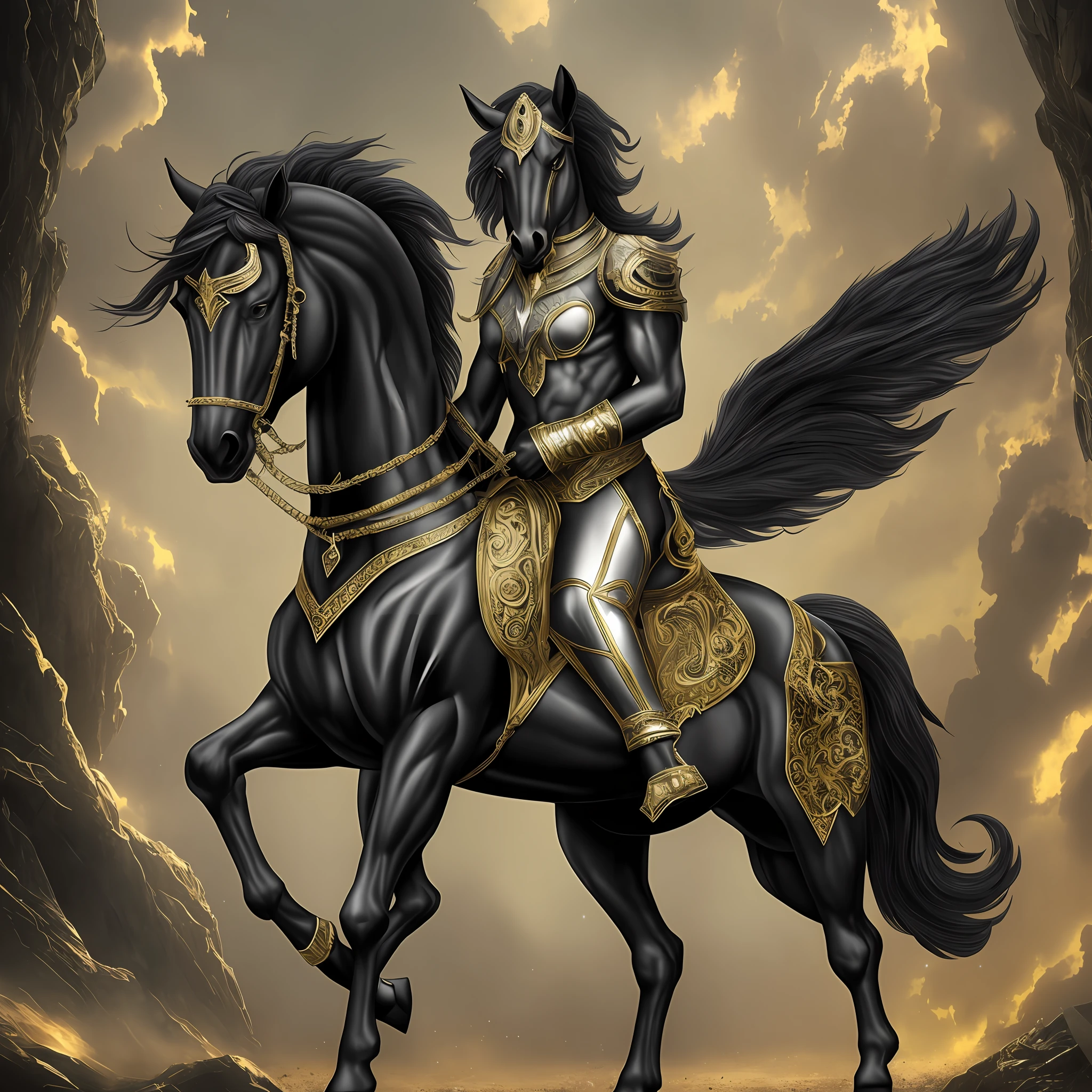 Centaur, mythological creature with the body of a horse and the upper part of a human being, black color, adorned with gold and silver. --auto --s2