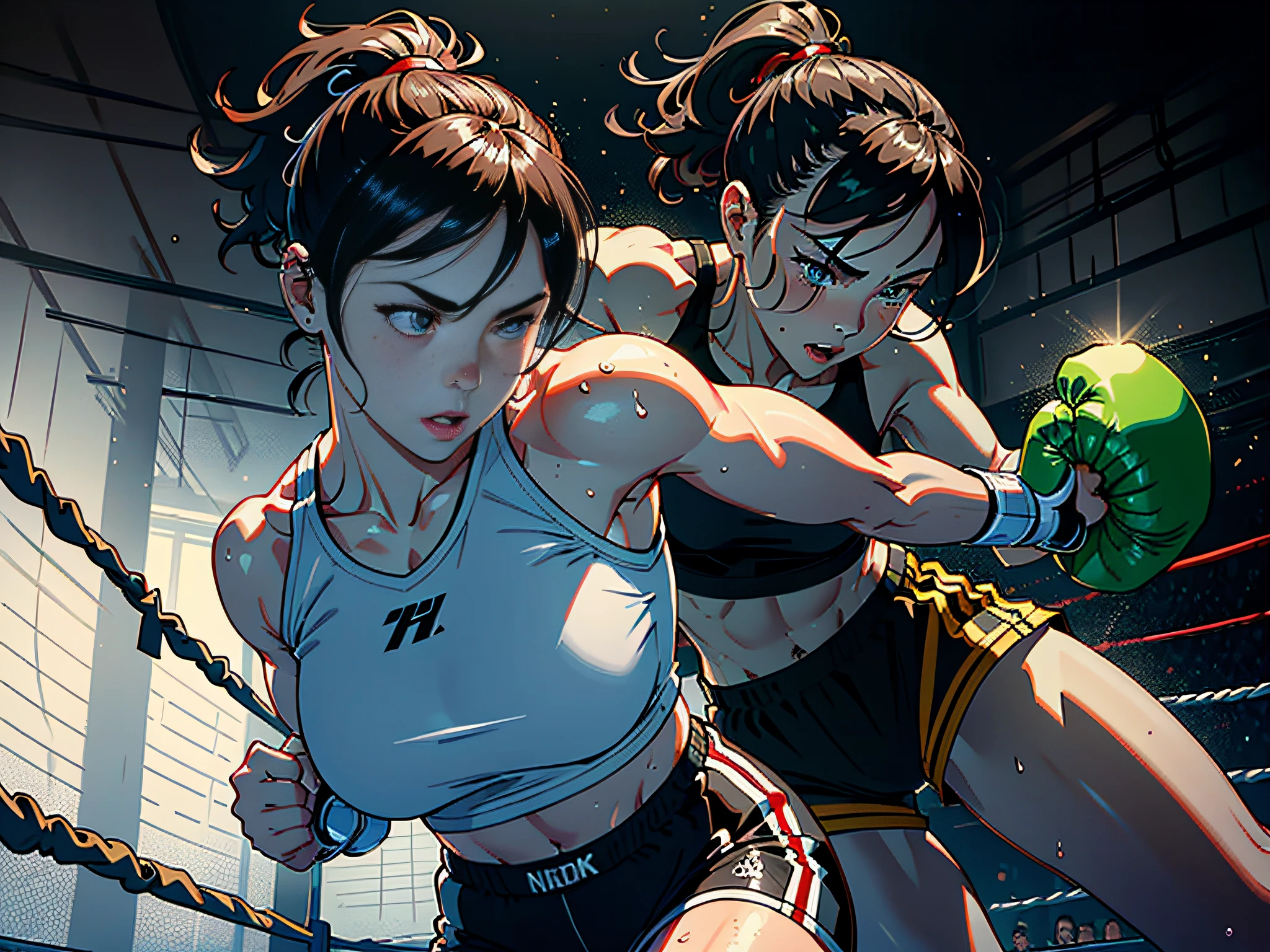 (original) , (very detailed wallpaper) , (best quality) , (masterpiece) , photographic reality, realistic, very detailed illustrations, (1 girl) , beautiful eyes, (delicate face) , perfect detail, (best lighting) , (super complex details) ,
(boxing girl) , (aggressive punching) , sweat, heavy breathing, (oppressive attack) , (boxing ring) , athletic shorts, perfect detail, perfect fingers, perfect limbs, impact, (shiny skin) , abs, muscles, waistline,boxing shorts, fist fight, black hair, high ponytail, very long hair,
4K unified, (super detailed CG: 1.2) , (8K: 1.2) , realistic, octane rendering