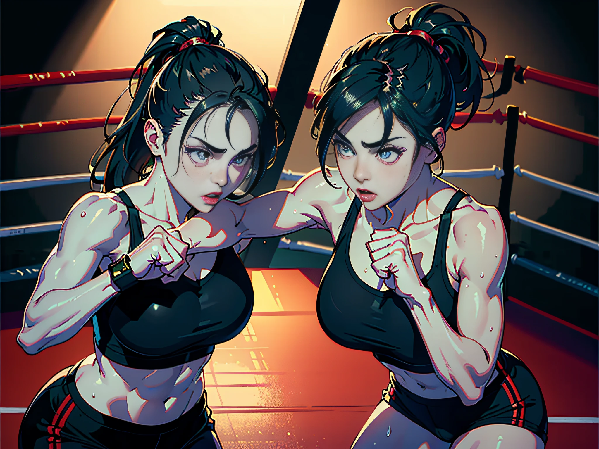 (original) , (very detailed wallpaper) , (best quality) , (masterpiece) , photographic reality, realistic, very detailed illustrations, (1 girl) , beautiful eyes, (delicate face) , perfect detail, (best lighting) , (super complex details) ,
(boxing girl) , (aggressive punching) , sweat, heavy breathing, (oppressive attack) , (boxing ring) , athletic shorts, perfect detail, perfect fingers, perfect limbs, impact, (shiny skin) , abs, muscles, waistline,boxing shorts, fist fight, black hair, high ponytail, very long hair,
4K unified, (super detailed CG: 1.2) , (8K: 1.2) , realistic, octane rendering
