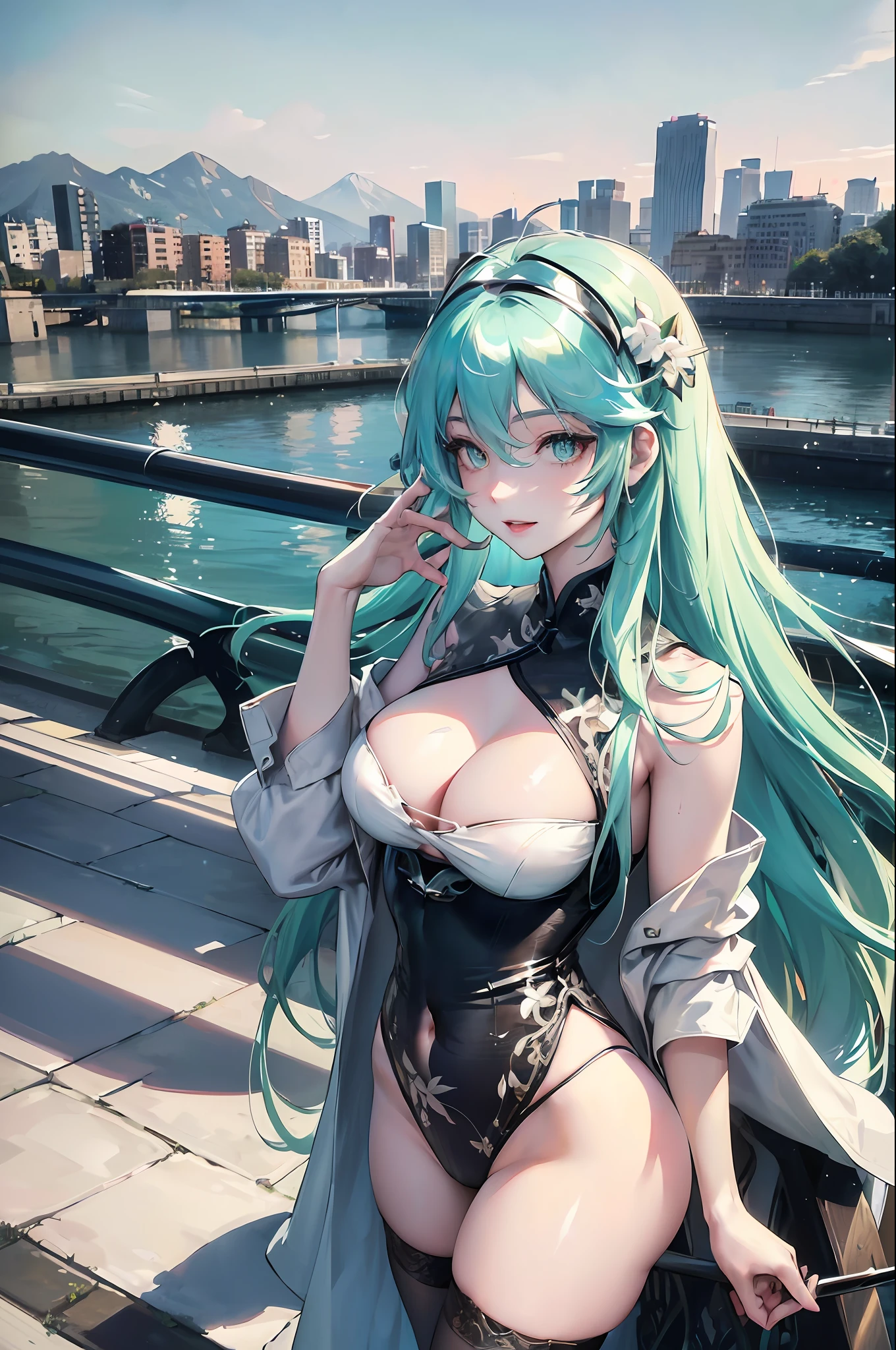 Official art, masterpiece, sharp focus, (beautiful gorgeous and cute Chinese woman: 1.3), (beautiful and cute Chinese: 1.3), picture full of color, light green hair Chinese beauty, wearing bikini, thongs and jumpsuits, delicate beautiful hair and eyes and face reaching the ground, realistic, super detailed, beautiful girl, fine light rain, wet clothes, glowing white particles, (lightingside: 1.2), sunlight, white clouds, detailed clouds, slender, Cute big breasts and big buttocks, toothless smile ((eyes open when laughing)), scenery, long straight hair, sexy facial expressions, mountains and rivers in the background, wet clothes clinging to the curves of the body, (cityscape:1.7), dynamic hair, long straight hair, delicate colored hair, glowing heterochromic pupils, black stockings, pale skin, hair accessories, epic landscapes, collars and hair accessories, hair especially long