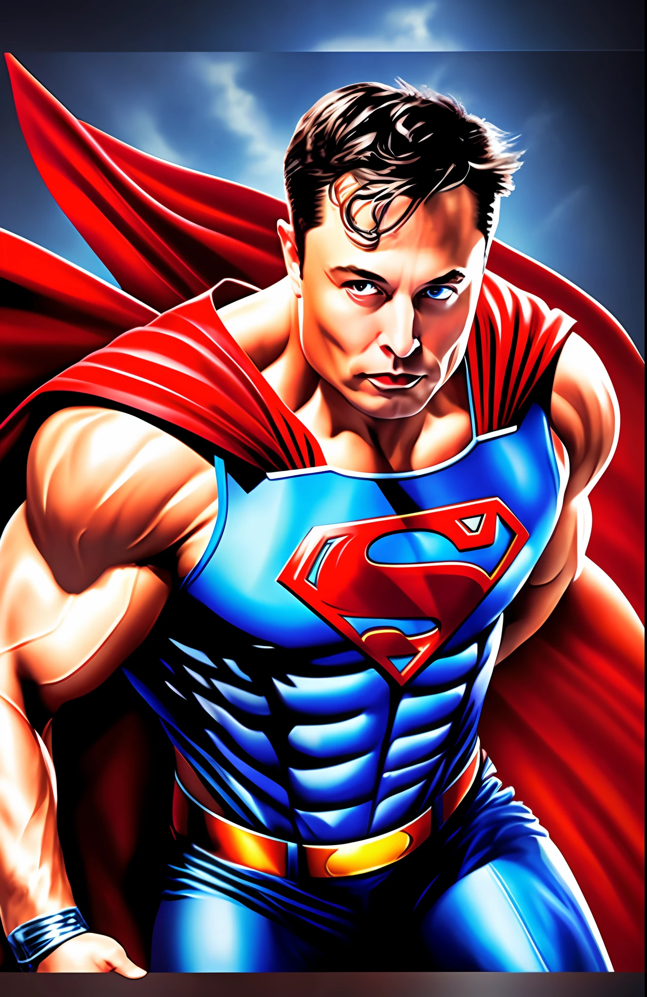 Elon Musk dressed as superman, muscular, full body, 8k resolution, mega detail, photo realism, ultra high definition, intricate artwork masterpiece.