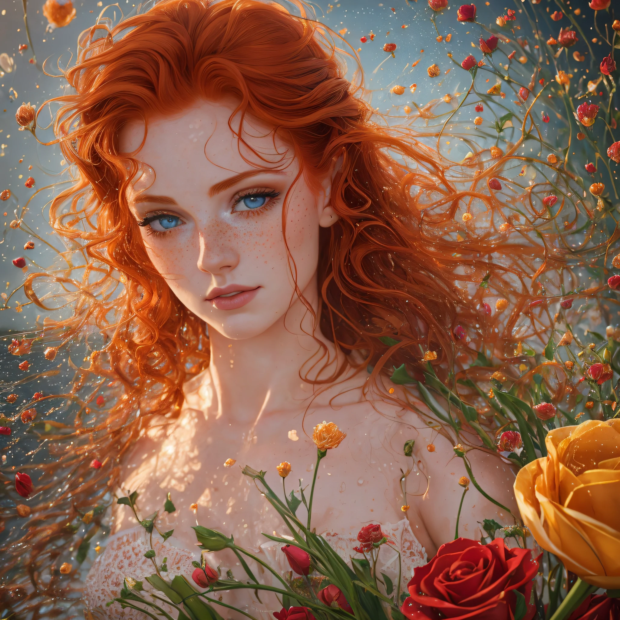 hyperrealistic sexy italian redhead, in her thirties, Gorgeous sexy beautiful realistic woman, underwater cotton and roses, tulips, with freckles and curls, skindetails and wet pores during golden hour, skin with beautiful nostalgic mood and freckles with emotive face with wet skin and petals falling and dandelion seeds flying and dramatic light play --auto --s2