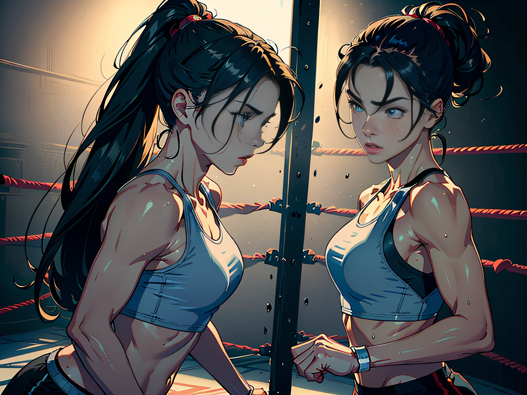 (original) , (very detailed wallpaper) , (best quality) , (masterpiece) , photographic reality, realistic, very detailed illustrations, (1 girl) , beautiful eyes, (delicate face) , perfect detail, (best lighting) , (super complex details) ,
(boxing girl) , (aggressive punching) , sweat, heavy breathing, (oppressive attack) , (boxing ring) , athletic shorts, perfect detail, perfect fingers, perfect limbs, impact, (shiny skin) , abs, muscles, waistline,boxing shorts, fist fight, black hair, high ponytail, very long hair,
4K unified, (super detailed CG: 1.2) , (8K: 1.2) , realistic, octane rendering
