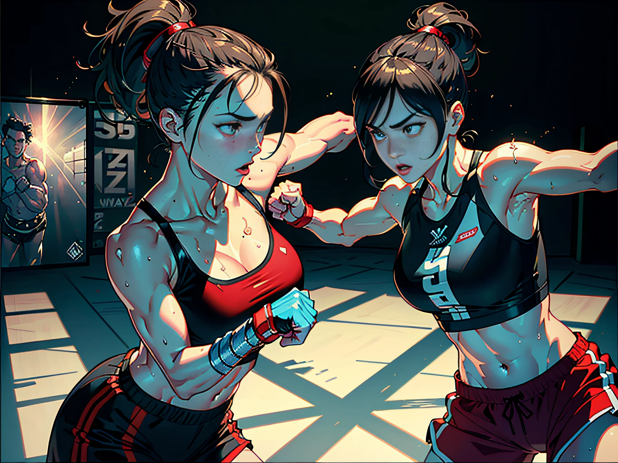 (original) , (very detailed wallpaper) , (best quality) , (masterpiece) , photographic reality, realistic, very detailed illustrations, (1 girl) , beautiful eyes, (delicate face) , perfect detail, (best lighting) , (super complex details) , 
 (boxing girl) , (aggressive punching) , sweat, heavy breathing, (oppressive attack) , (boxing ring) , athletic shorts, perfect detail, perfect fingers, perfect limbs, impact, (shiny skin) , abs, muscles, waistline,boxing shorts, fist fight, black hair, high ponytail, very long hair, 
4K unified, (super detailed CG: 1.2) , (8K: 1.2) , realistic, octane rendering