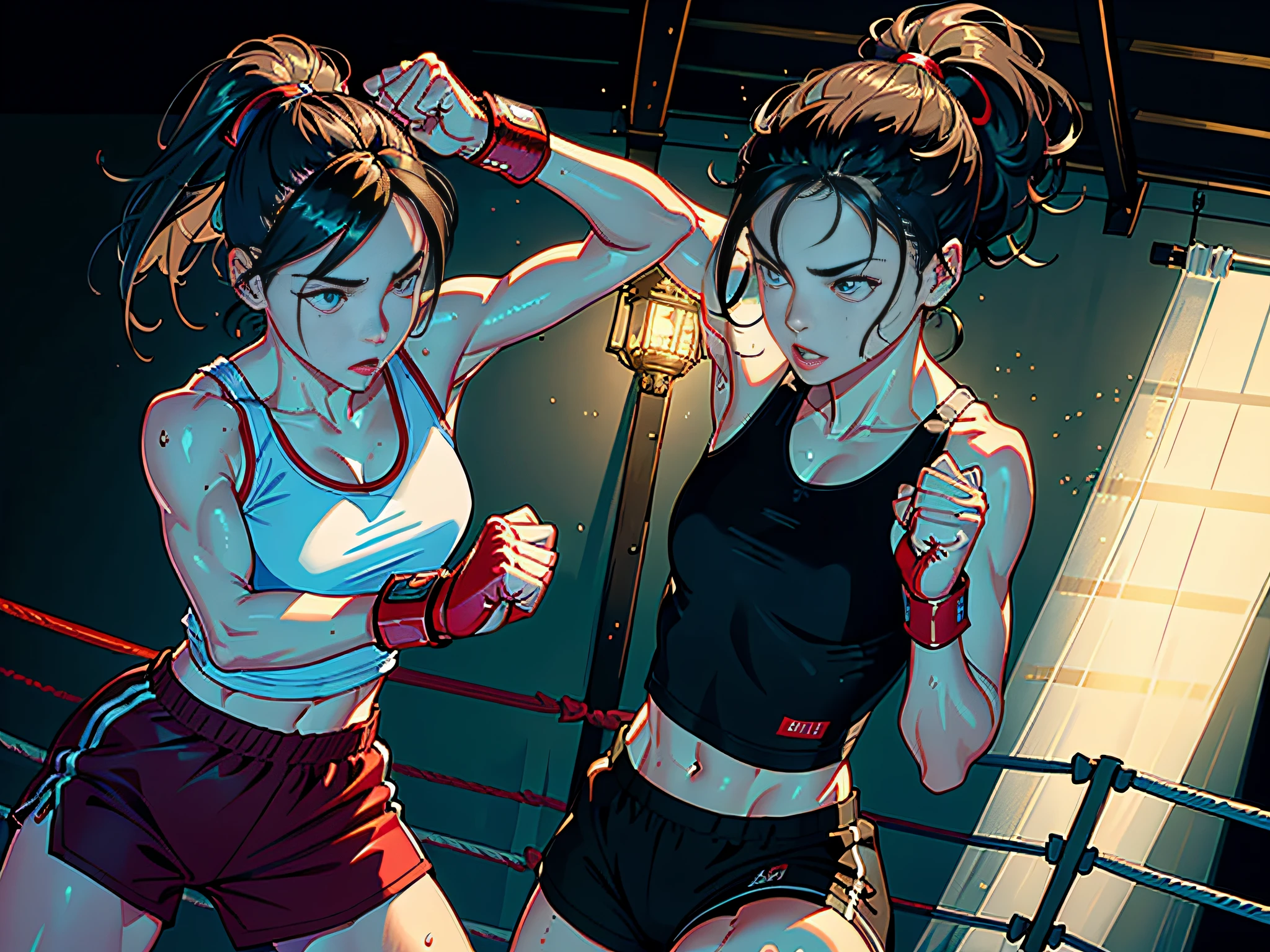 (original) , (very detailed wallpaper) , (best quality) , (masterpiece) , photographic reality, realistic, very detailed illustrations, (1 girl) , beautiful eyes, (delicate face) , perfect detail, (best lighting) , (super complex details) , 
 (boxing girl) , (aggressive punching) , sweat, heavy breathing, (oppressive attack) , (boxing ring) , athletic shorts, perfect detail, perfect fingers, perfect limbs, impact, (shiny skin) , abs, muscles, waistline,boxing shorts, fist fight, black hair, high ponytail, very long hair, 
4K unified, (super detailed CG: 1.2) , (8K: 1.2) , realistic, octane rendering