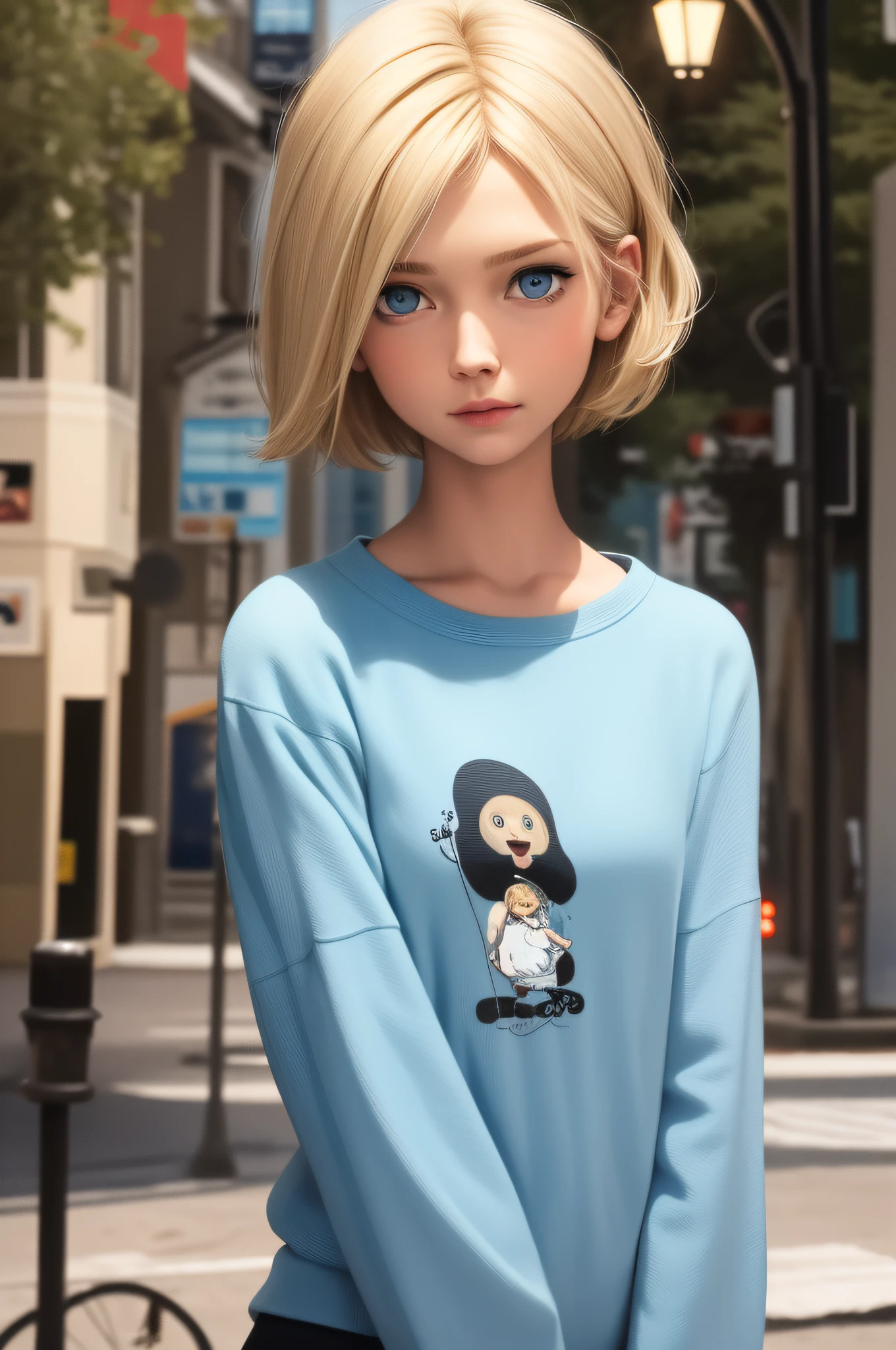best quality, masterpiece, short blonde hair, blue eyes, street, street lamp, upper body